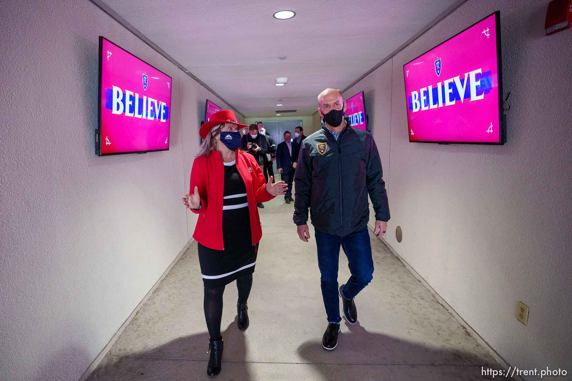 (Trent Nelson  |  The Salt Lake Tribune) New Sandy mayor Monica Zoltanski tours Rio Tinto Stadium in Sandy on Wednesday, Jan. 12, 2022. At right is Real Salt Lake interim president John Kimball.