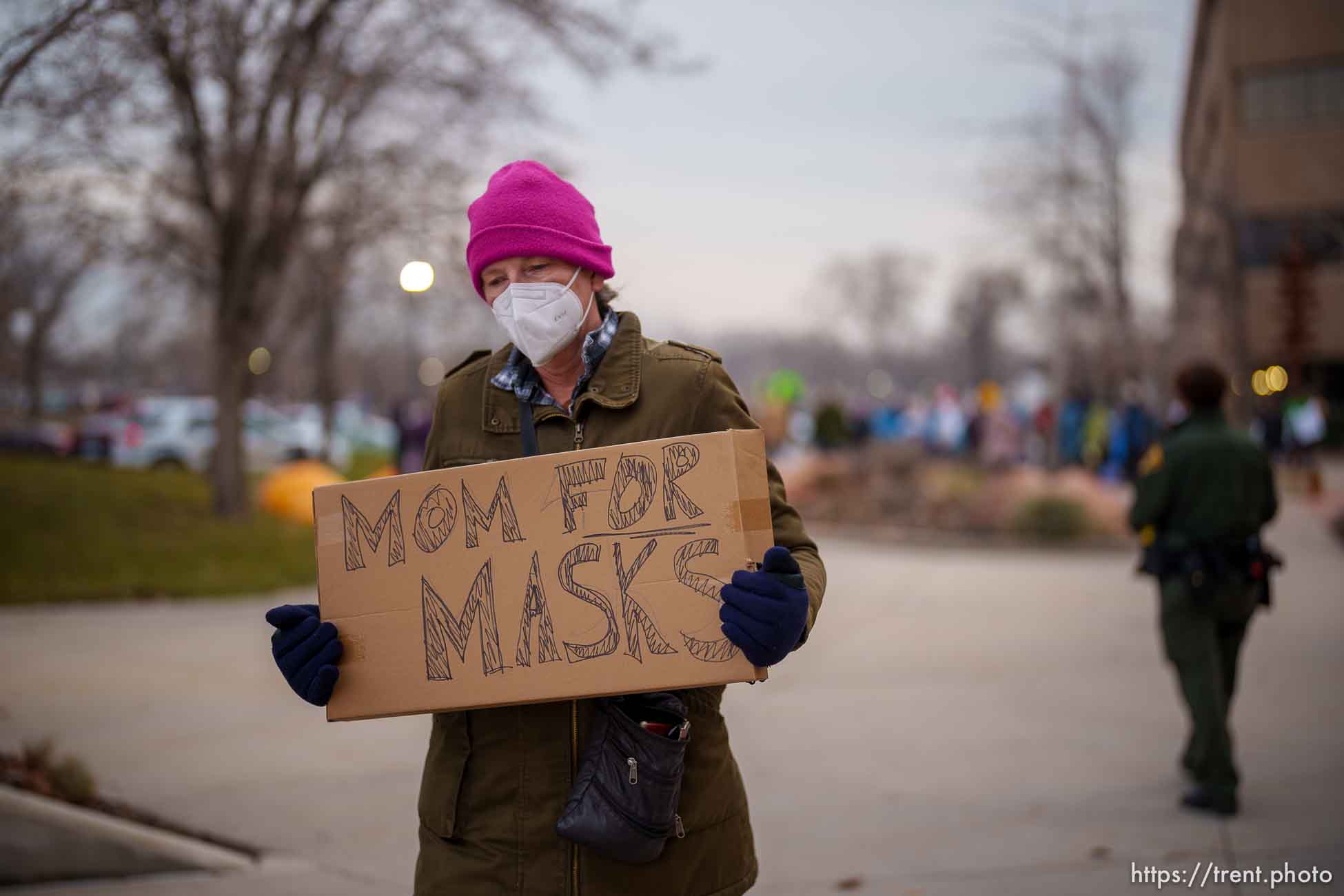 (Trent Nelson  |  The Salt Lake Tribune) People gather as the Salt Lake County Council holds a brief meeting on the mask mandate, in Salt Lake City on Thursday, Jan. 13, 2022.