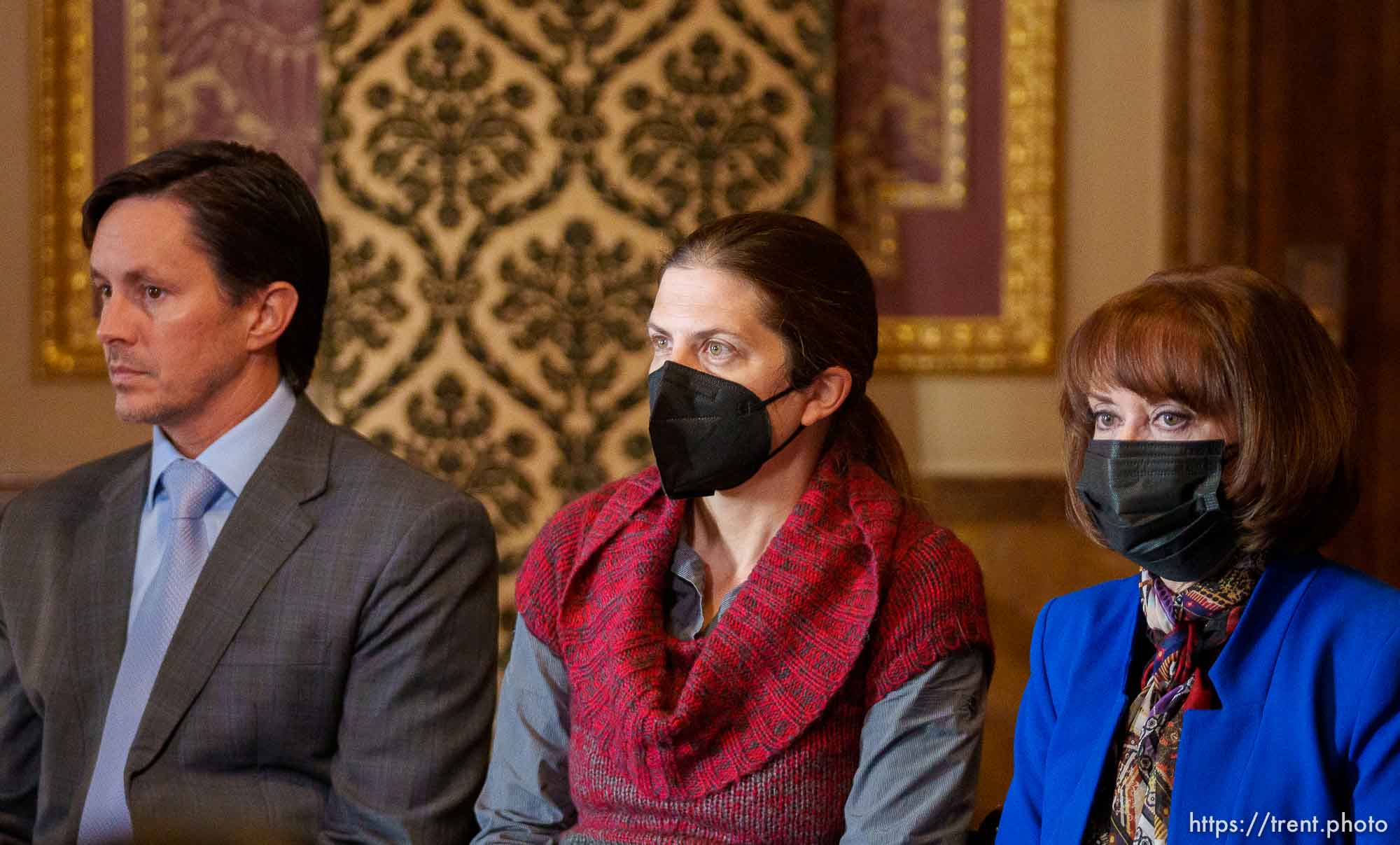 (Trent Nelson  |  The Salt Lake Tribune) Sen. Kirk Cullimore, R-Sandy, Dr. Leisha Nolen, and Superintendent Sydnee Dickson at a news conference related to COVID-19 at the State Capitol in Salt Lake City on Friday, Jan. 14, 2022.