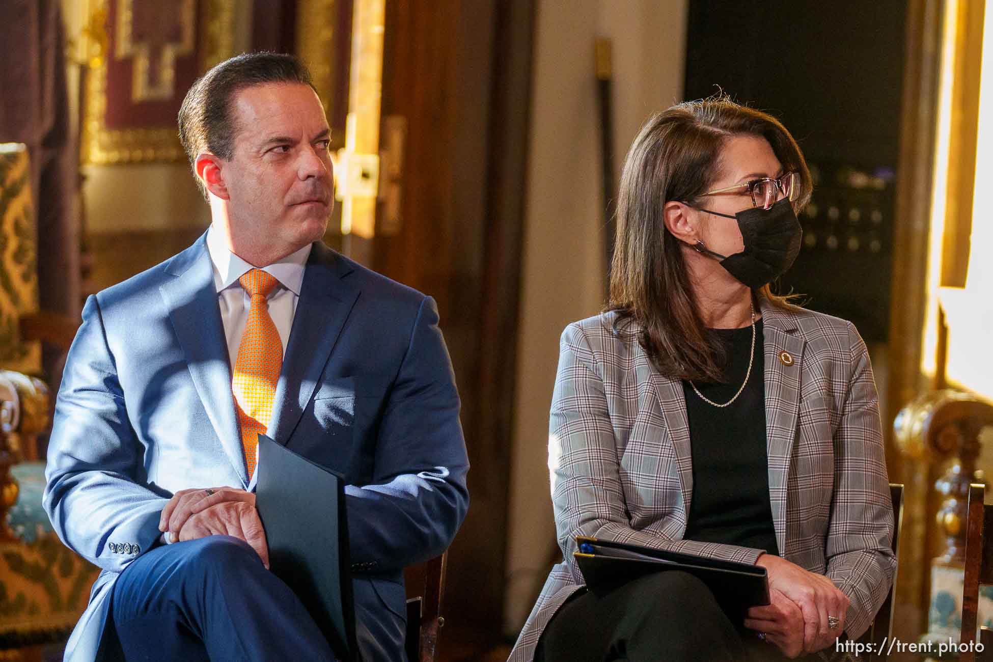 (Trent Nelson  |  The Salt Lake Tribune) House Speaker Brad Wilson, R-Kaysville and Lt. Gov. Deidre Henderson at a news conference related to COVID-19 at the State Capitol in Salt Lake City on Friday, Jan. 14, 2022.