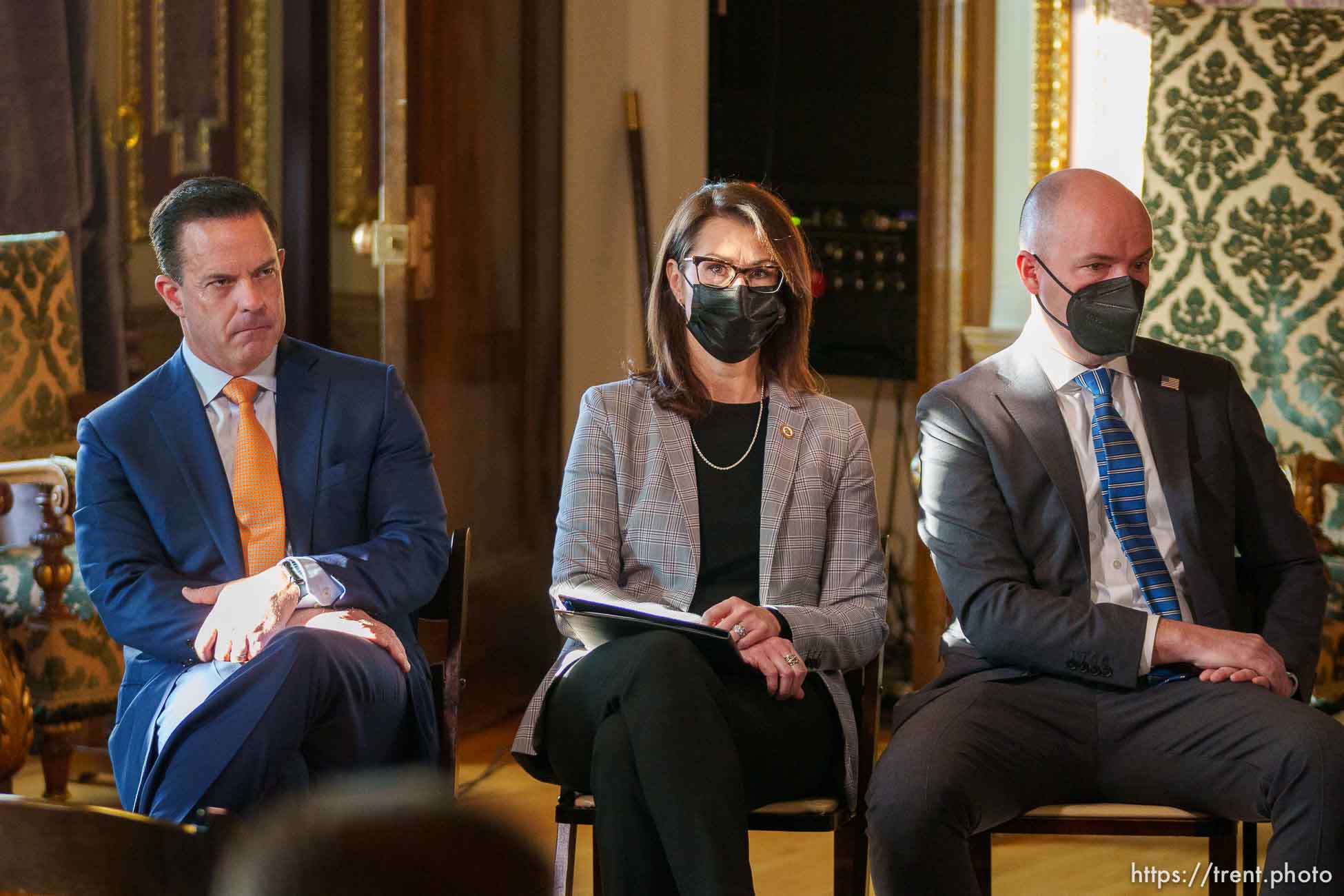 (Trent Nelson  |  The Salt Lake Tribune) House Speaker Brad Wilson, R-Kaysville, Lt. Gov. Deidre Henderson, and Gov. Spencer Cox at a news conference related to COVID-19 at the State Capitol in Salt Lake City on Friday, Jan. 14, 2022.