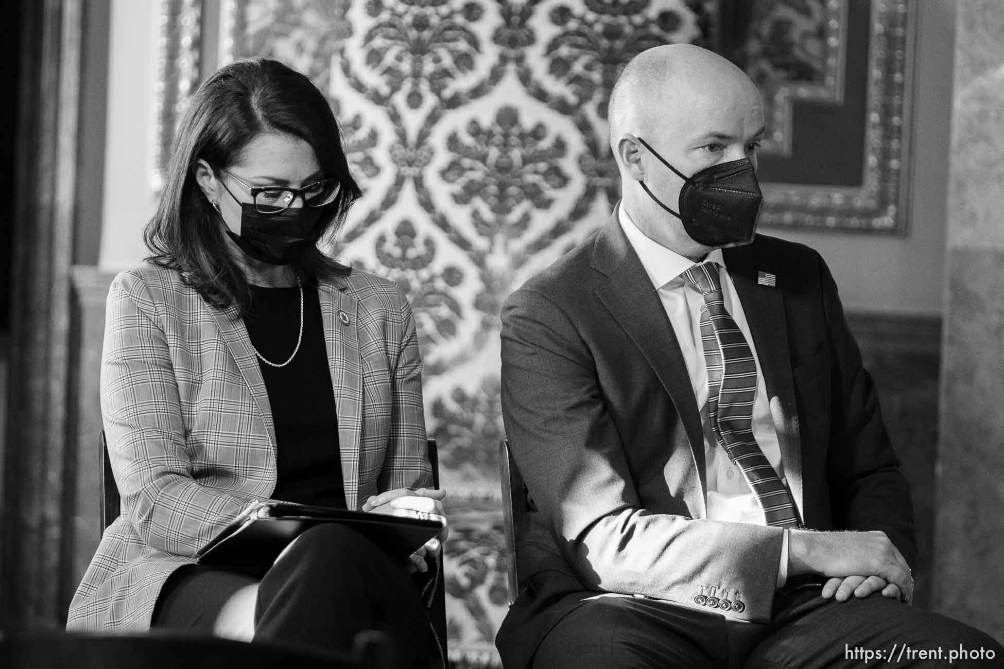 (Trent Nelson  |  The Salt Lake Tribune) Lt. Gov. Deidre Henderson and Gov. Spencer Cox  at a news conference related to COVID-19 at the State Capitol in Salt Lake City on Friday, Jan. 14, 2022.