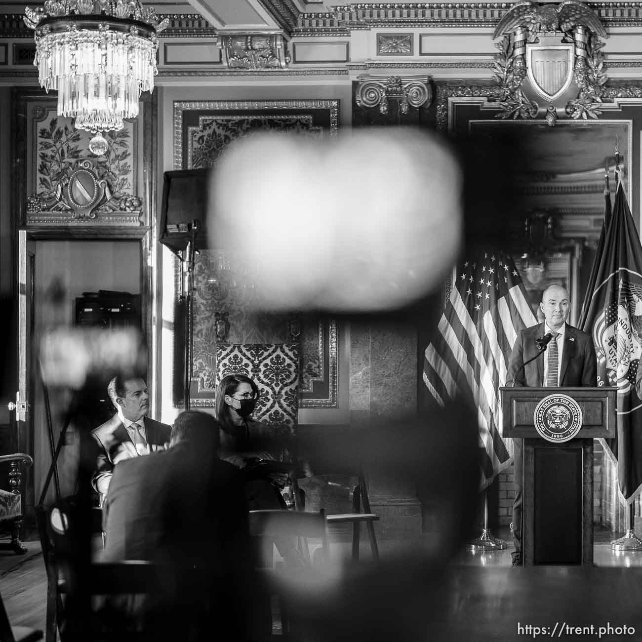 (Trent Nelson  |  The Salt Lake Tribune) Gov. Spencer Cox speaks at a news conference related to COVID-19 at the State Capitol in Salt Lake City on Friday, Jan. 14, 2022. At left are House Speaker Brad Wilson, R-Kaysville and Lt. Gov. Deidre Henderson.