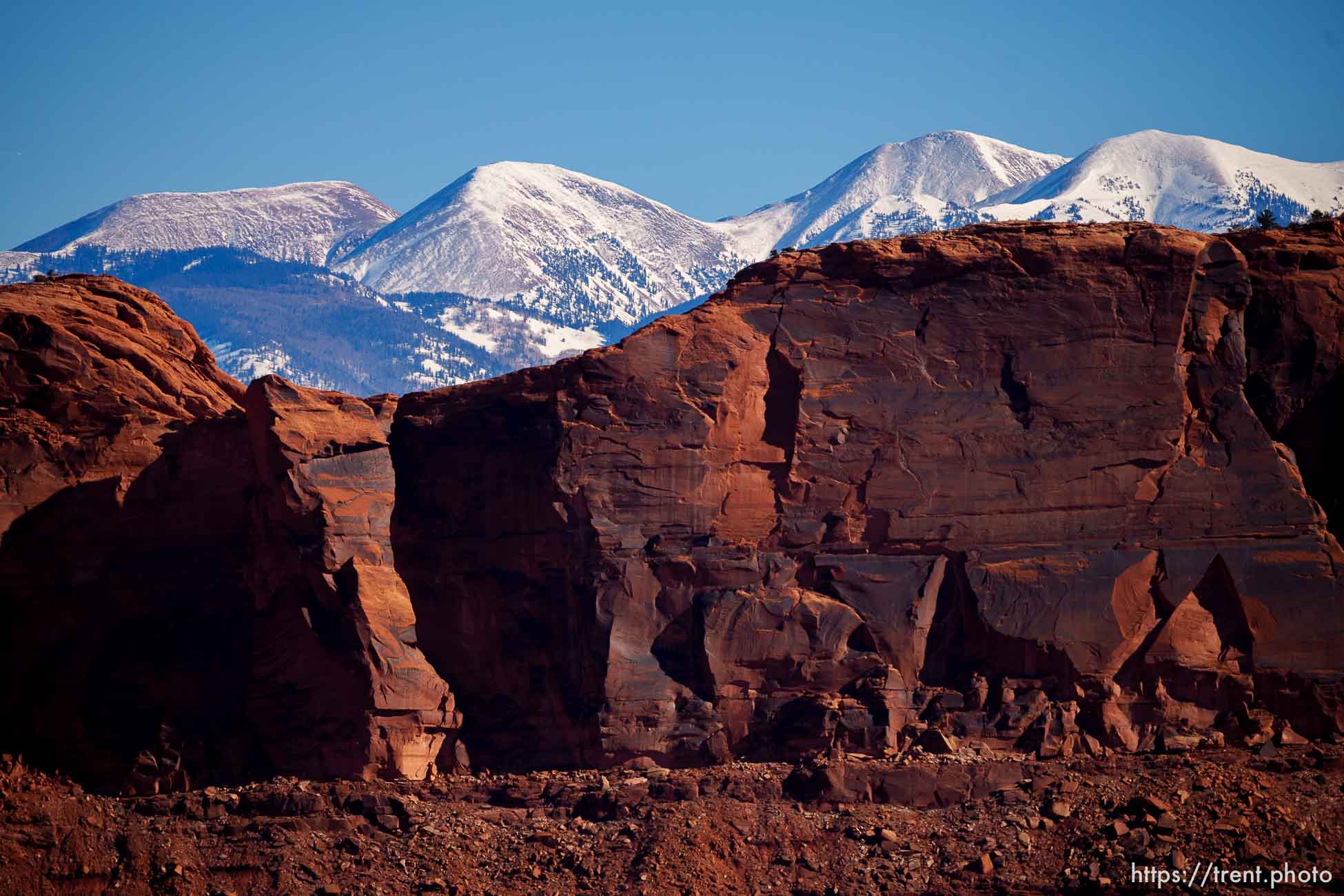 snow-covered la sal mountains la sals peaking out over red rock, from chicken corners, on Saturday, Jan. 15, 2022.