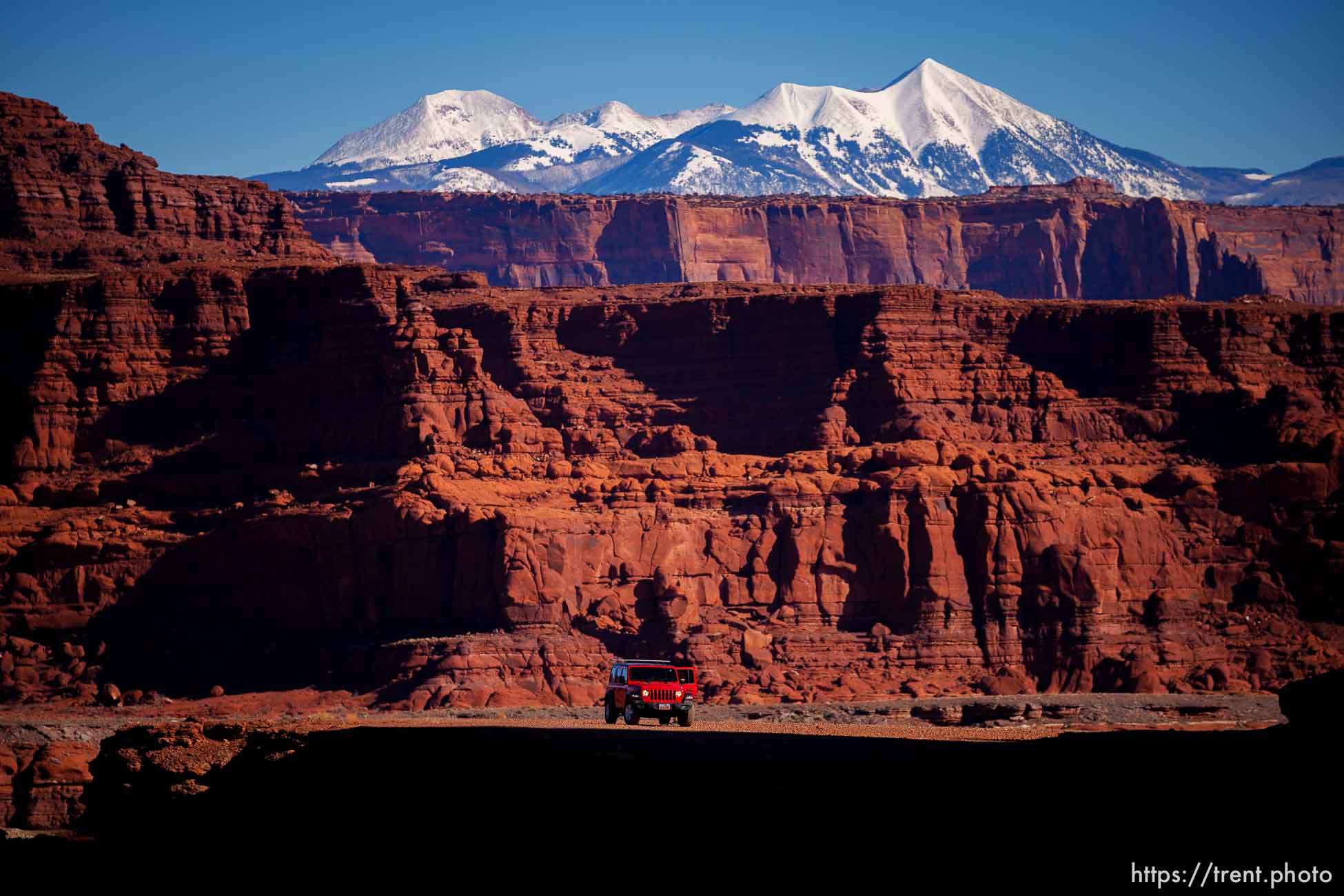 snow-covered la sal mountains la sals peaking out over red rock, from chicken corners, on Saturday, Jan. 15, 2022.