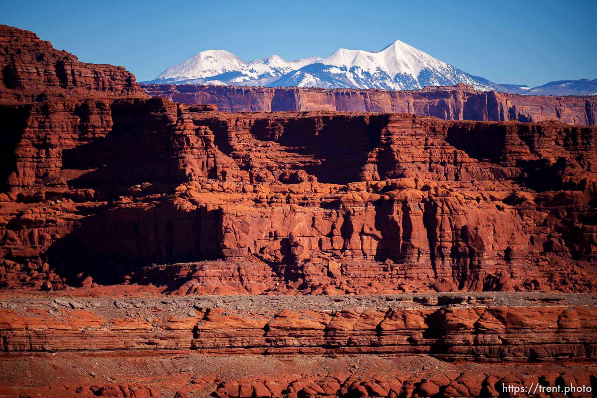 snow-covered la sal mountains la sals peaking out over red rock, from chicken corners, on Saturday, Jan. 15, 2022.