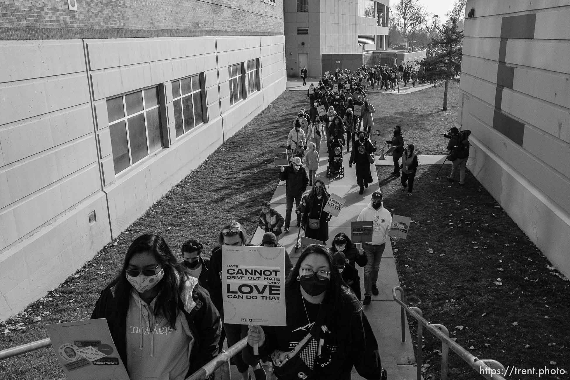 (Trent Nelson  |  The Salt Lake Tribune) People march celebrating the legacy of Martin Luther King Jr., in Salt Lake City on Monday, Jan. 17, 2022.