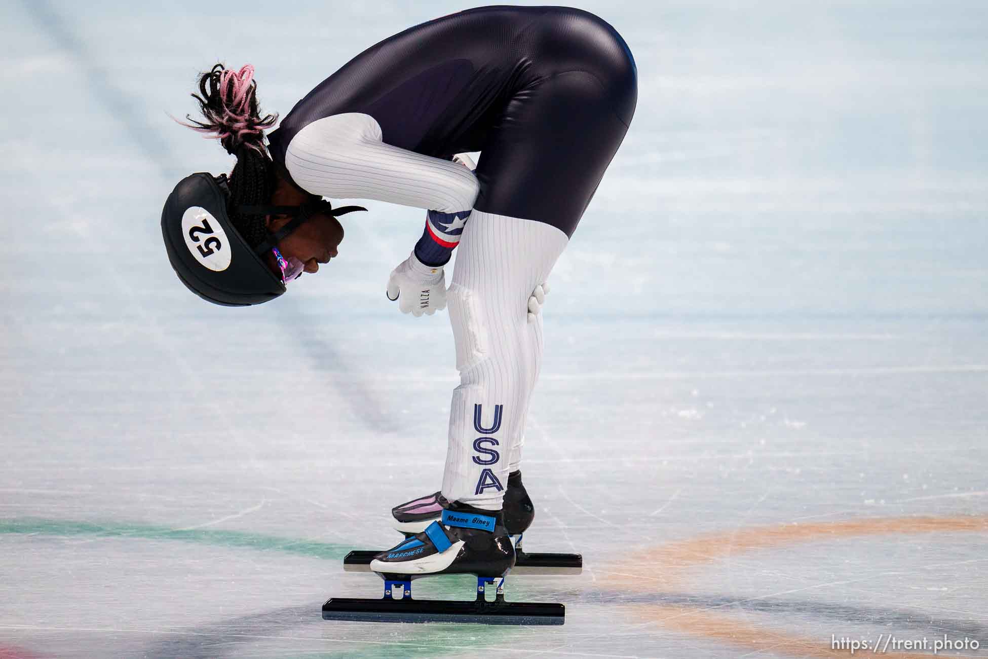 (Trent Nelson  |  The Salt Lake Tribune) Maame Biney after a qualifying heat for the mixed team relay, short track speed skating at the 2022 Winter Olympics in Beijing on Saturday, Feb. 5, 2022.