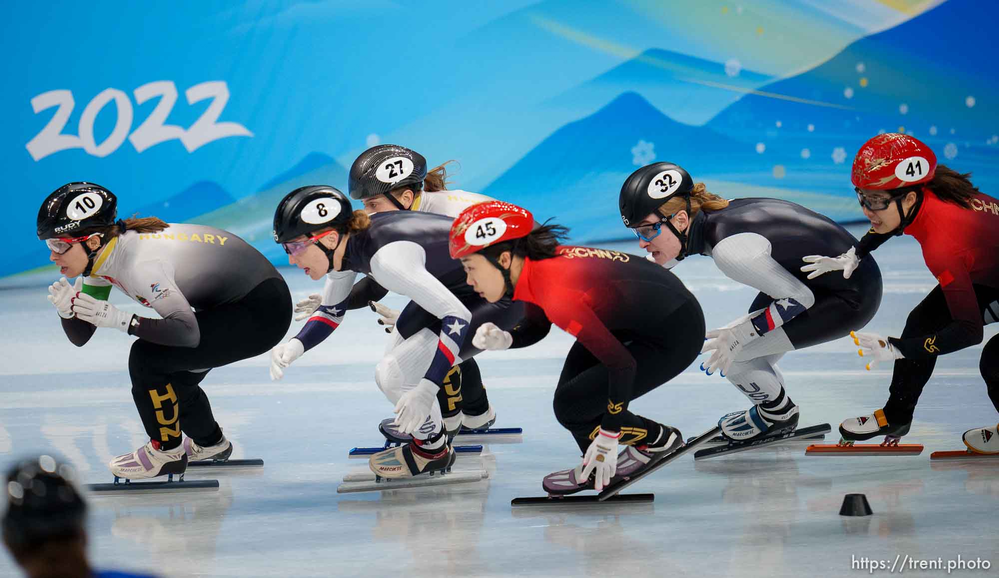 (Trent Nelson  |  The Salt Lake Tribune) Kristen Santos and Corinne Stoddard in a semifinal for the mixed team relay, short track speed skating at the 2022 Winter Olympics in Beijing on Saturday, Feb. 5, 2022.