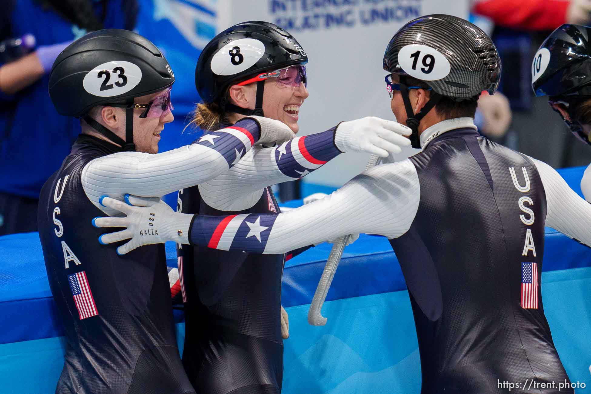 (Trent Nelson  |  The Salt Lake Tribune) Ryan Pivirotto, Kristen Santos, and Andrew Heo celebrate an apparent advancing result in a semifinal for the mixed team relay, short track speed skating at the 2022 Winter Olympics in Beijing on Saturday, Feb. 5, 2022.