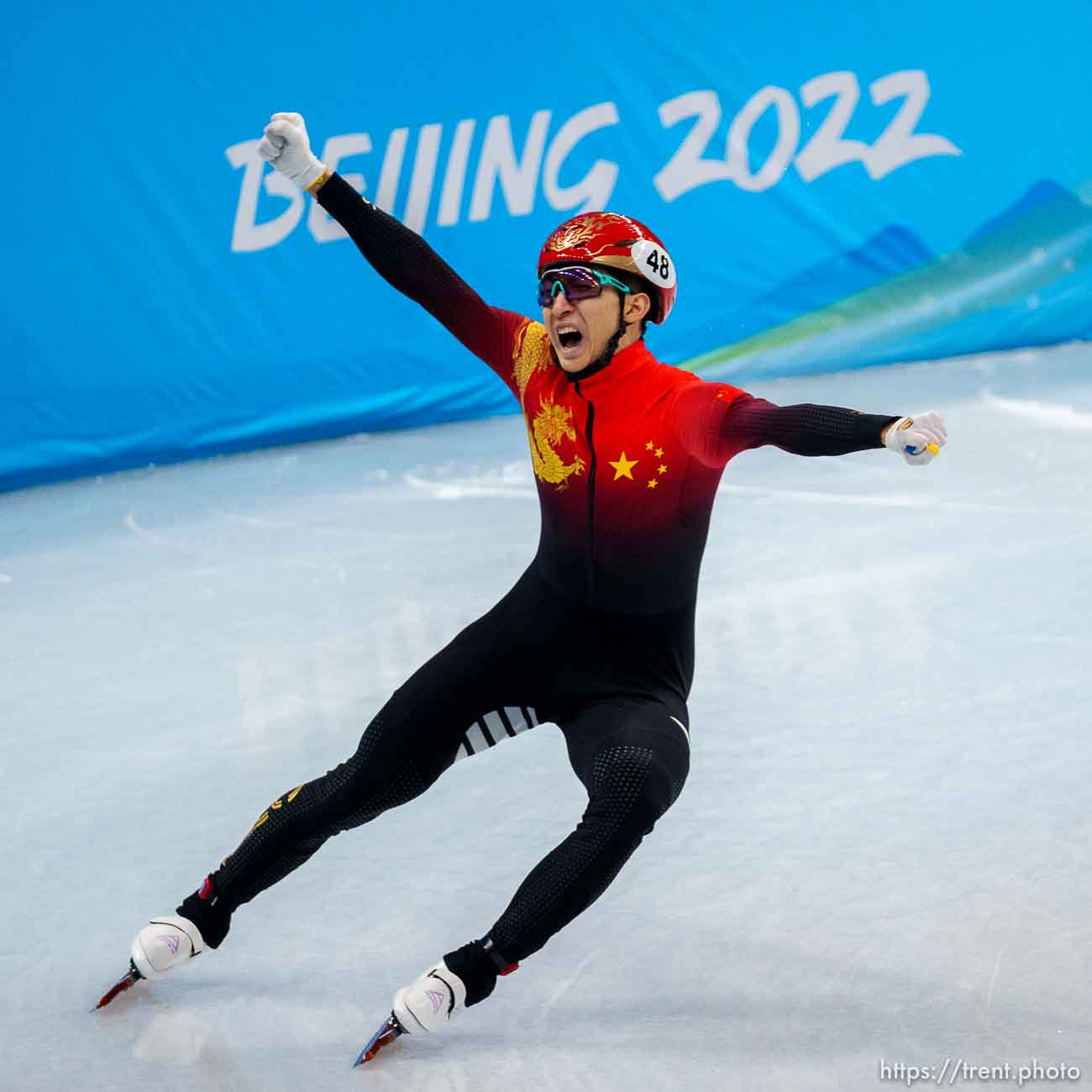 (Trent Nelson  |  The Salt Lake Tribune) Wu Dajing celebrates as China wins the gold medal in mixed team relay, short track speed skating at the 2022 Winter Olympics in Beijing on Saturday, Feb. 5, 2022.