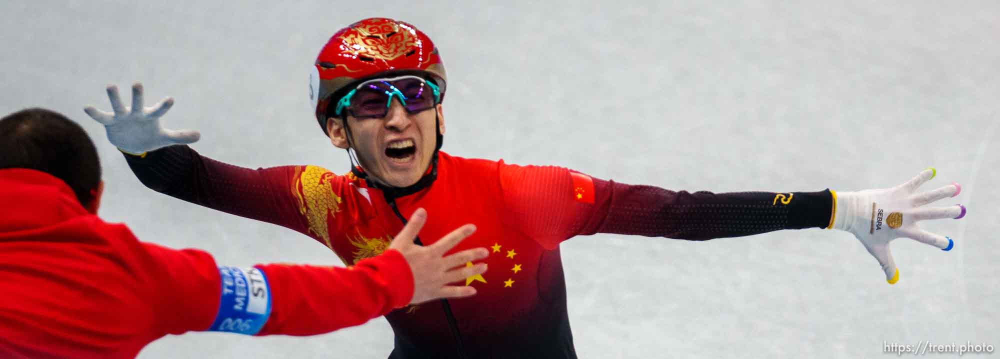 (Trent Nelson  |  The Salt Lake Tribune) China wins the goal medal for mixed team relay, short track speed skating at the 2022 Winter Olympics in Beijing on Saturday, Feb. 5, 2022.