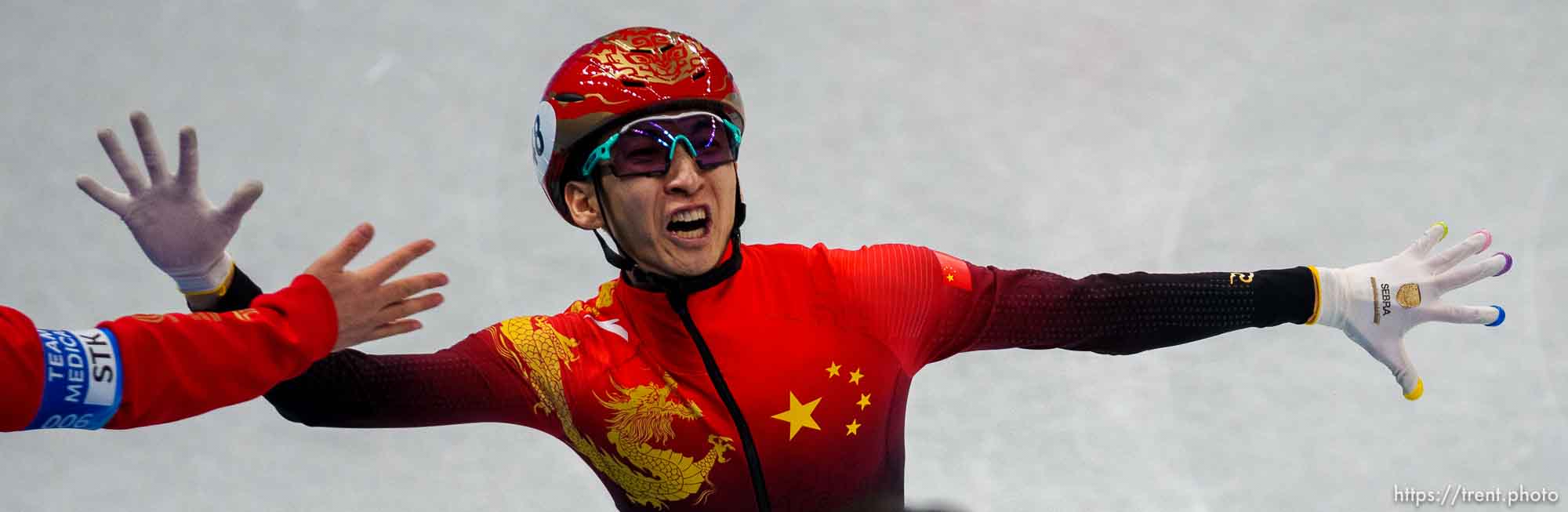 (Trent Nelson  |  The Salt Lake Tribune) China wins the goal medal for mixed team relay, short track speed skating at the 2022 Winter Olympics in Beijing on Saturday, Feb. 5, 2022.