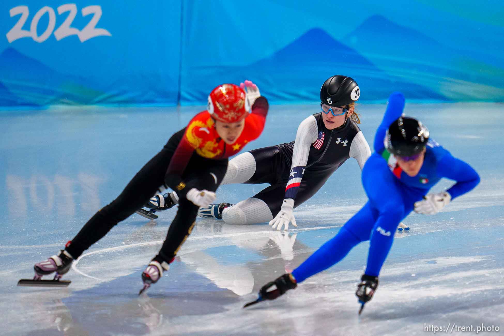 (Trent Nelson  |  The Salt Lake Tribune) Corinne Stoddard (USA) crashes in a qualifying heat for the 500m, short track speed skating at the 2022 Winter Olympics in Beijing on Saturday, Feb. 5, 2022.