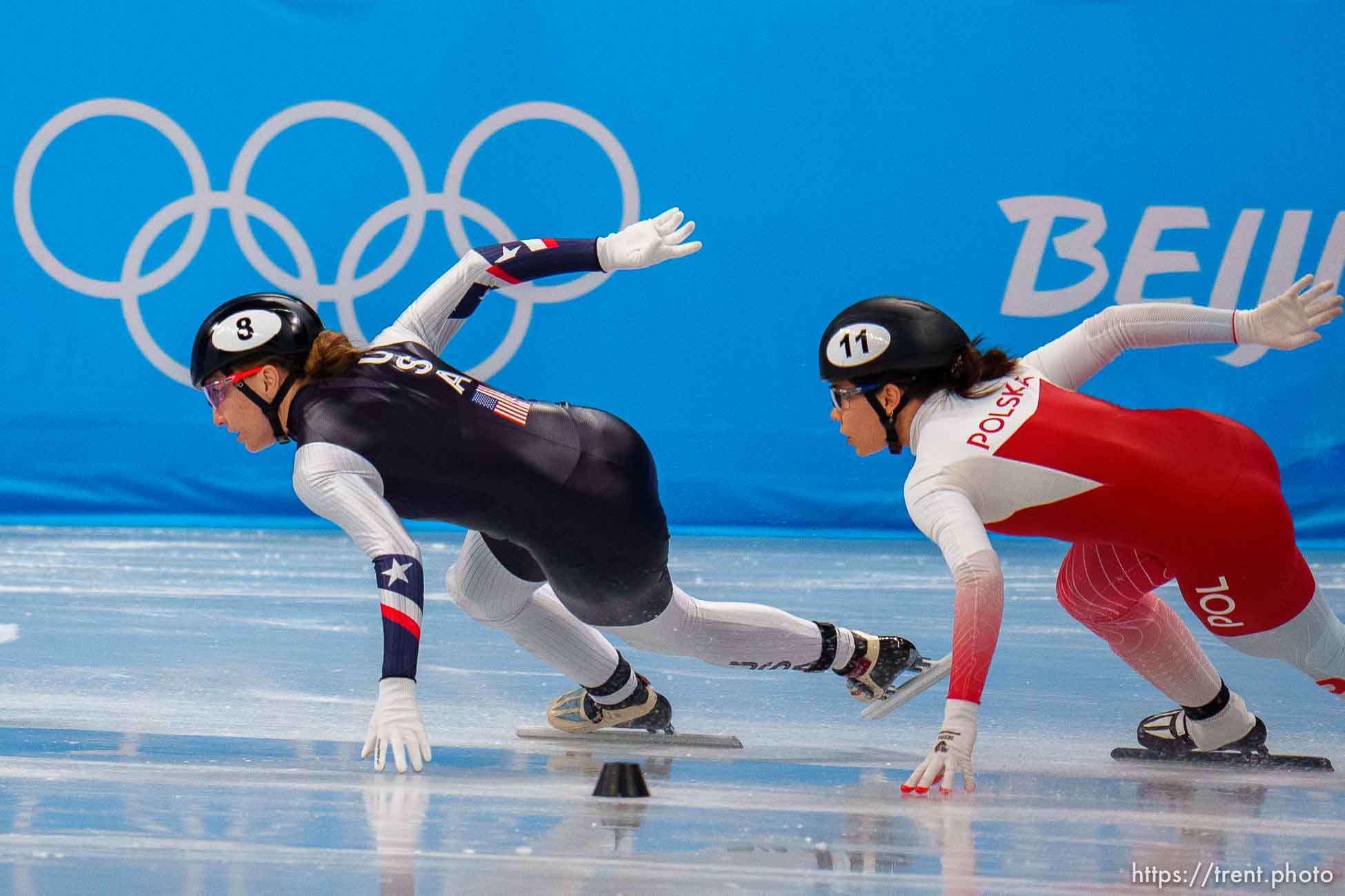 (Trent Nelson  |  The Salt Lake Tribune) Kristen Santos (USA) in a qualifying heat for the 500m, short track speed skating at the 2022 Winter Olympics in Beijing on Saturday, Feb. 5, 2022.