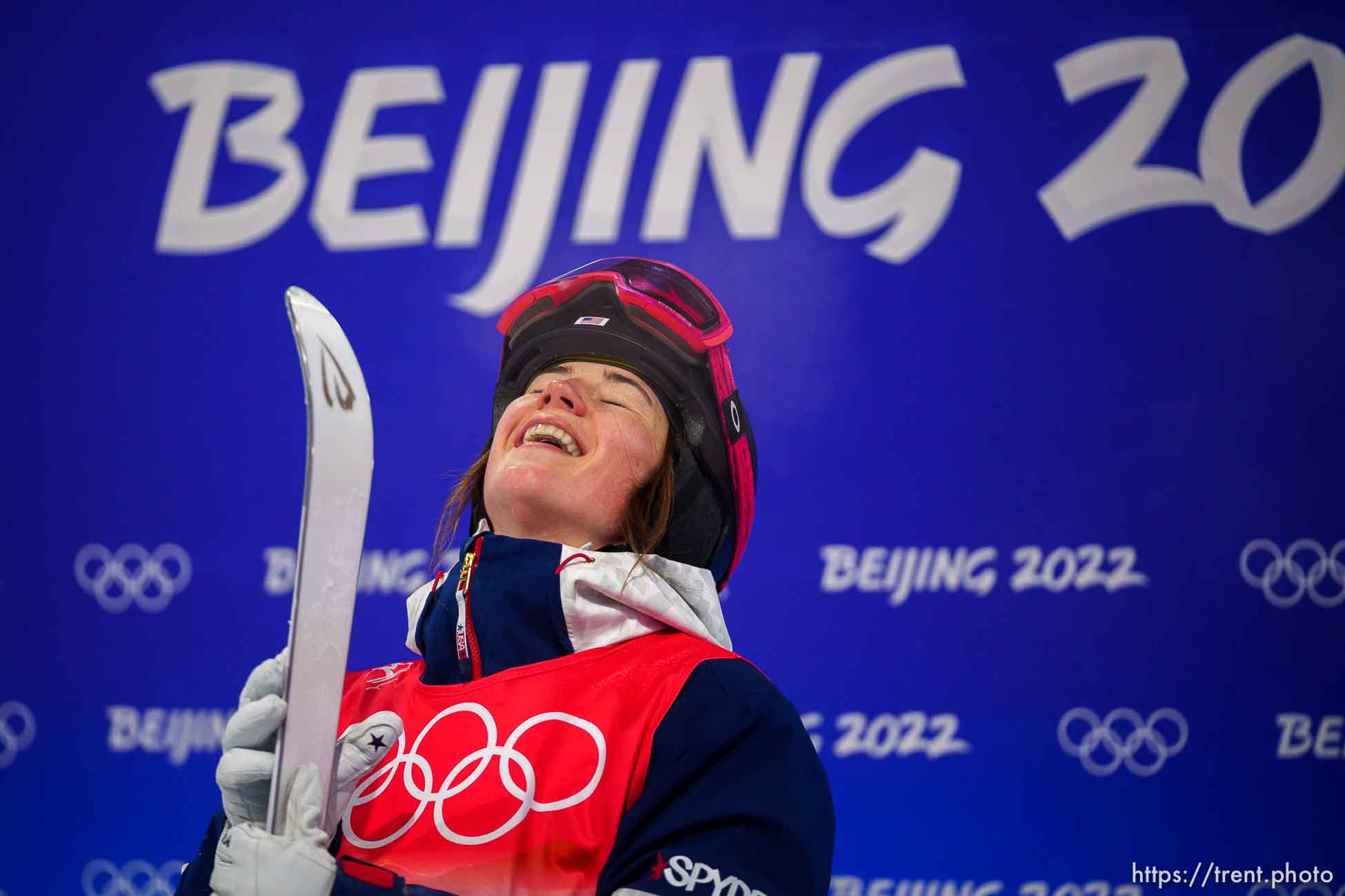 (Trent Nelson  |  The Salt Lake Tribune) Silver medal winner Jaelin Kauf (USA) reacts after a run in moguls at the 2022 Beijing Winter Olympics in Zhangjiakou on Sunday, Feb. 6, 2022.