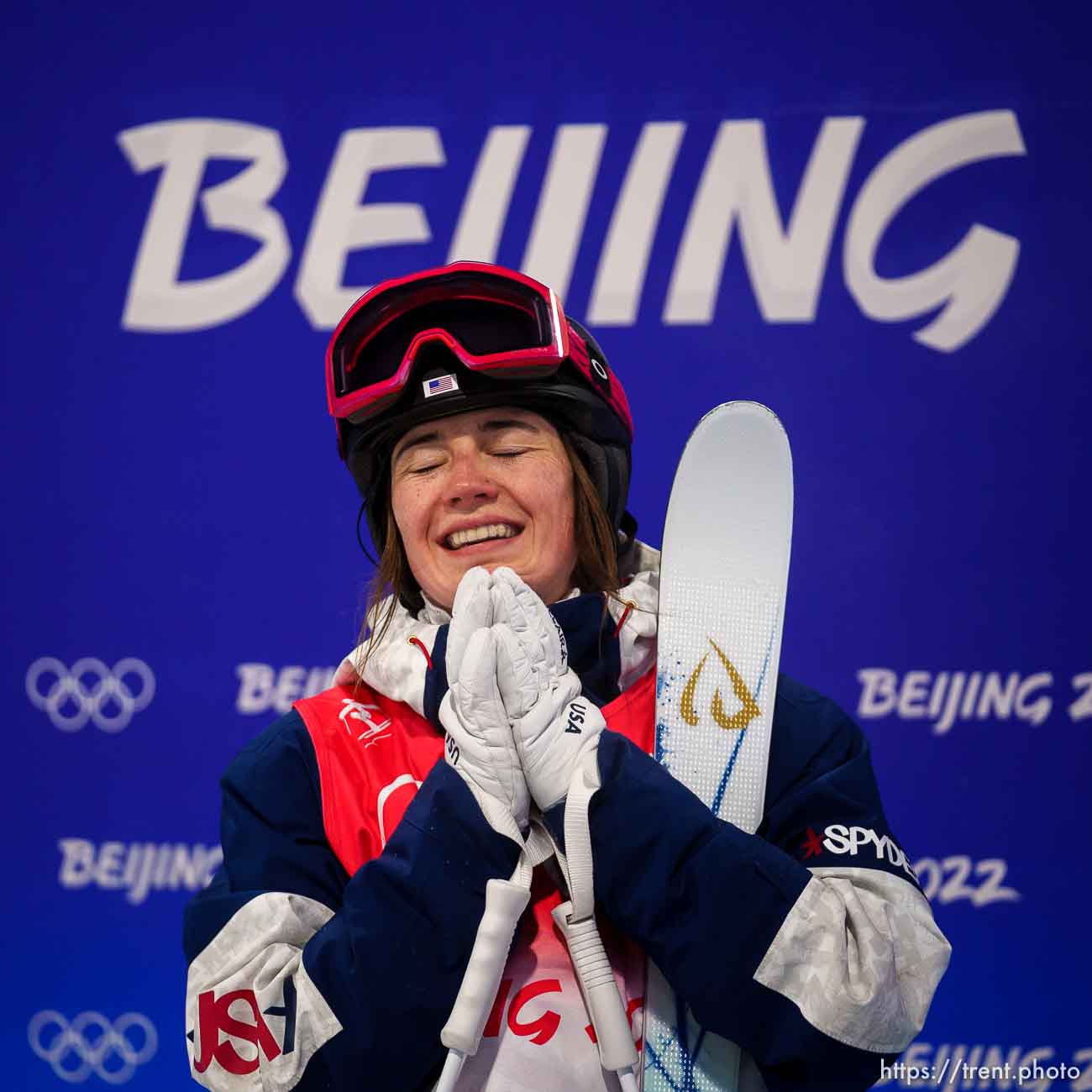 (Trent Nelson  |  The Salt Lake Tribune) Silver medal winner Jaelin Kauf (USA) reacts after a run in moguls at the 2022 Beijing Winter Olympics in Zhangjiakou on Sunday, Feb. 6, 2022.