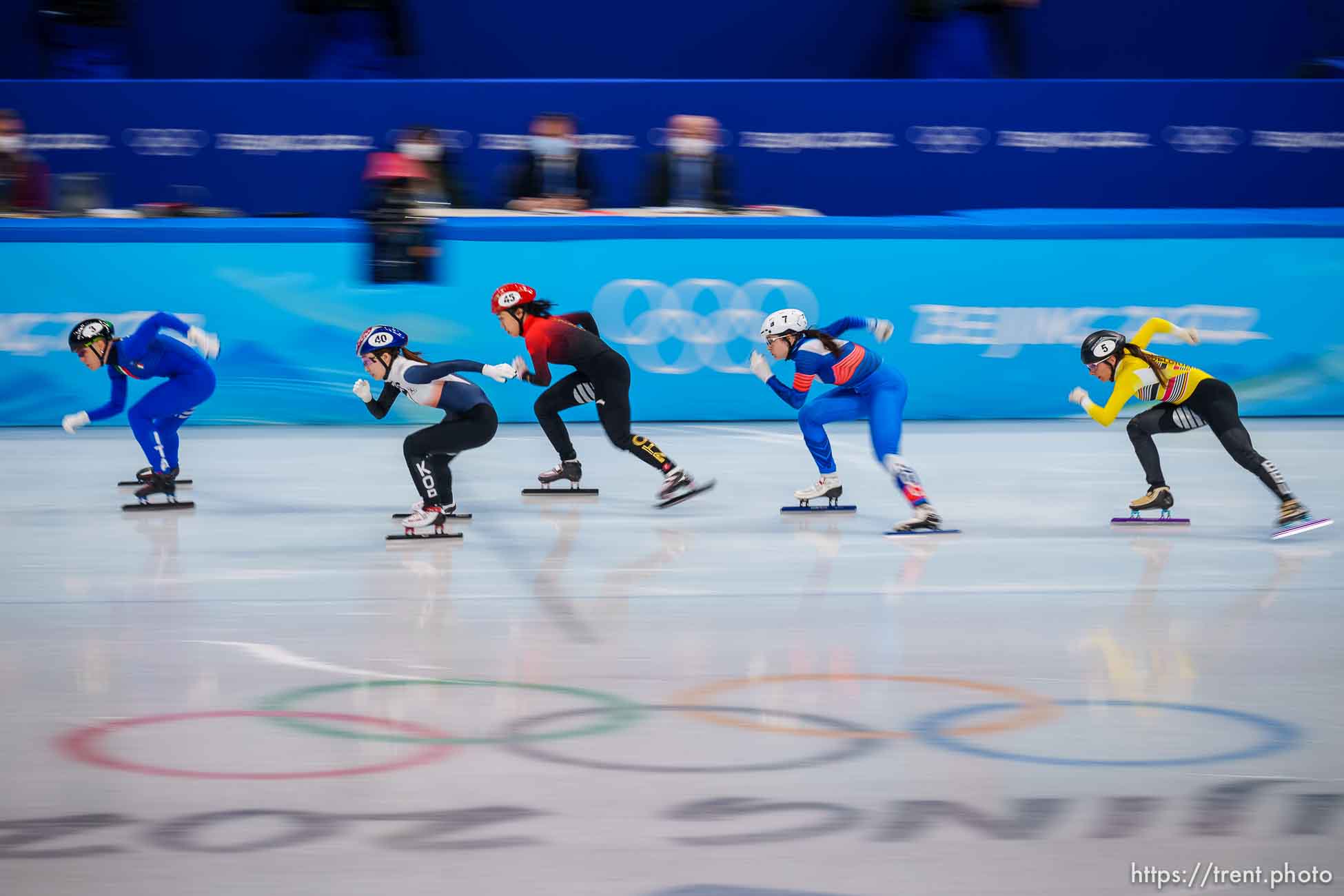 (Trent Nelson  |  The Salt Lake Tribune) Skaters in the 500m, short track speed skating at the 2022 Winter Olympics in Beijing on Monday, Feb. 7, 2022.