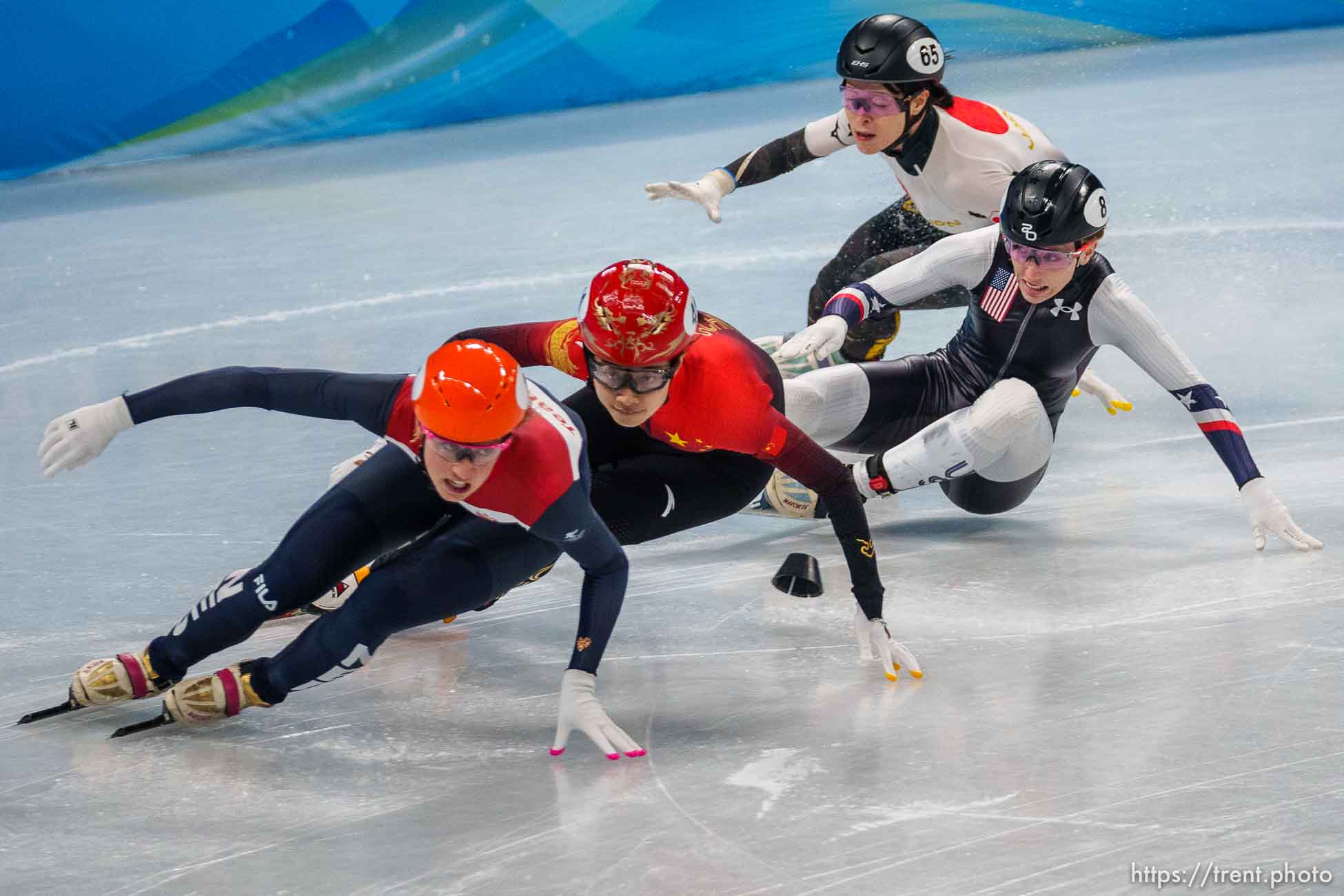 (Trent Nelson  |  The Salt Lake Tribune) Kristen Santos (USA) loses control in a 500m quarterfinal, short track speed skating at the 2022 Winter Olympics in Beijing on Monday, Feb. 7, 2022.