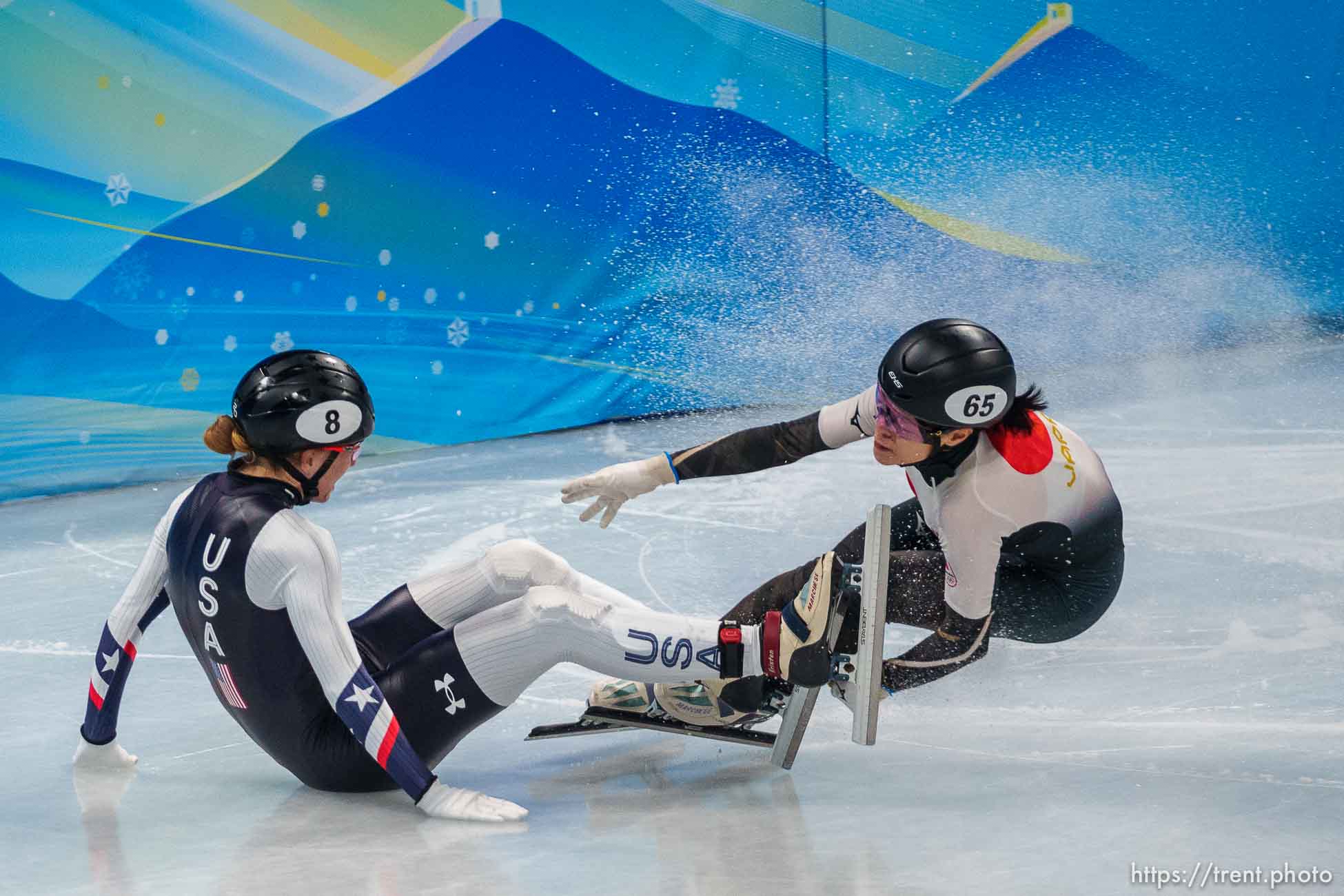 (Trent Nelson  |  The Salt Lake Tribune) Kristen Santos (USA) loses control in a 500m quarterfinal, short track speed skating at the 2022 Winter Olympics in Beijing on Monday, Feb. 7, 2022. At right is Sumire Kikuchi (Japan).