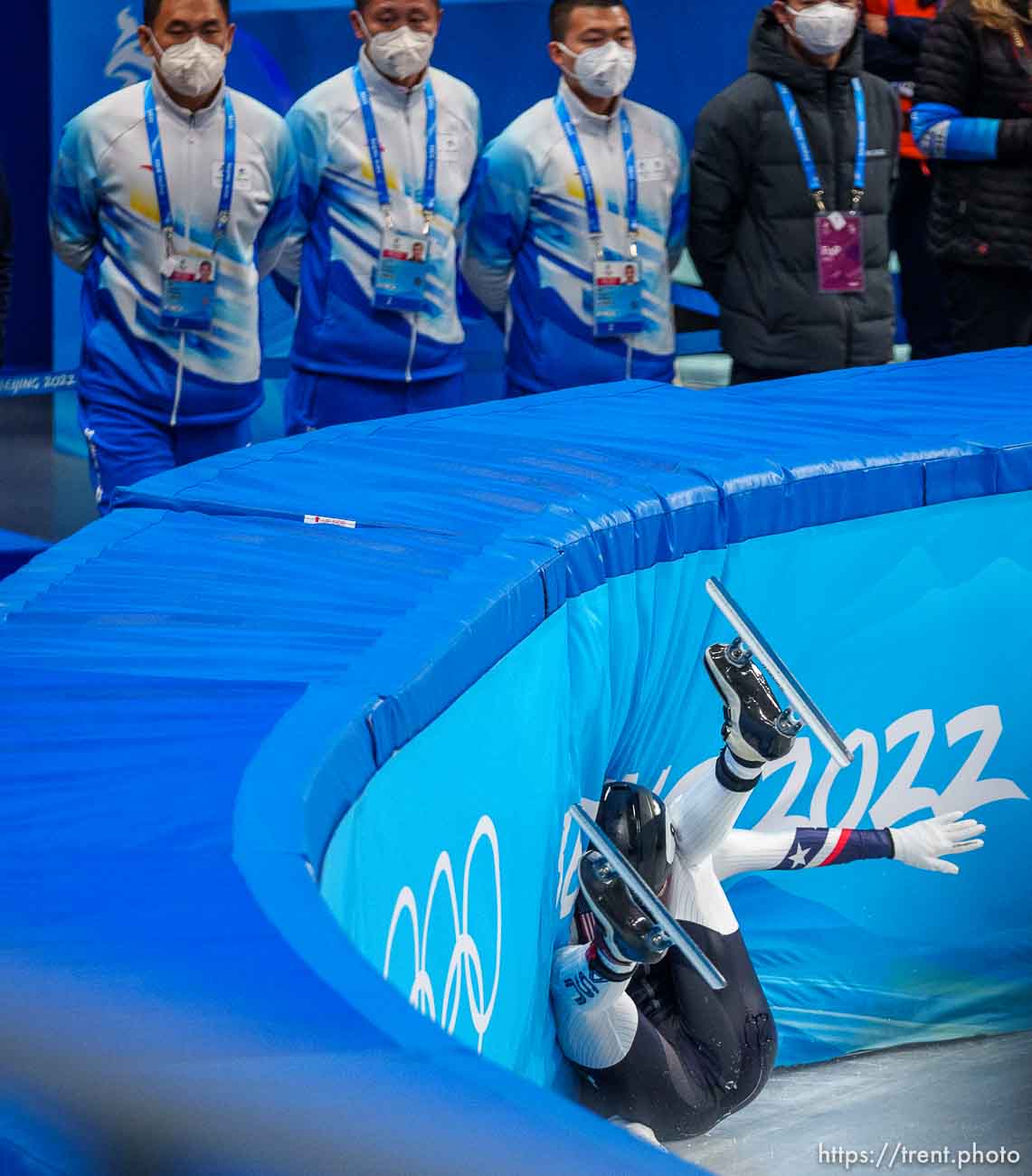 (Trent Nelson  |  The Salt Lake Tribune) Kristen Santos (USA) slams into the wall in a 500m quarterfinal, short track speed skating at the 2022 Winter Olympics in Beijing on Monday, Feb. 7, 2022.