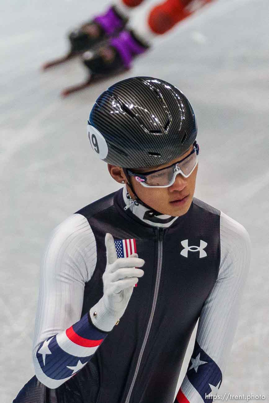 (Trent Nelson  |  The Salt Lake Tribune) Andrew Heo (USA) celebrates advancing in a 1000m quartfinal, short track speed skating at the 2022 Winter Olympics in Beijing on Monday, Feb. 7, 2022.