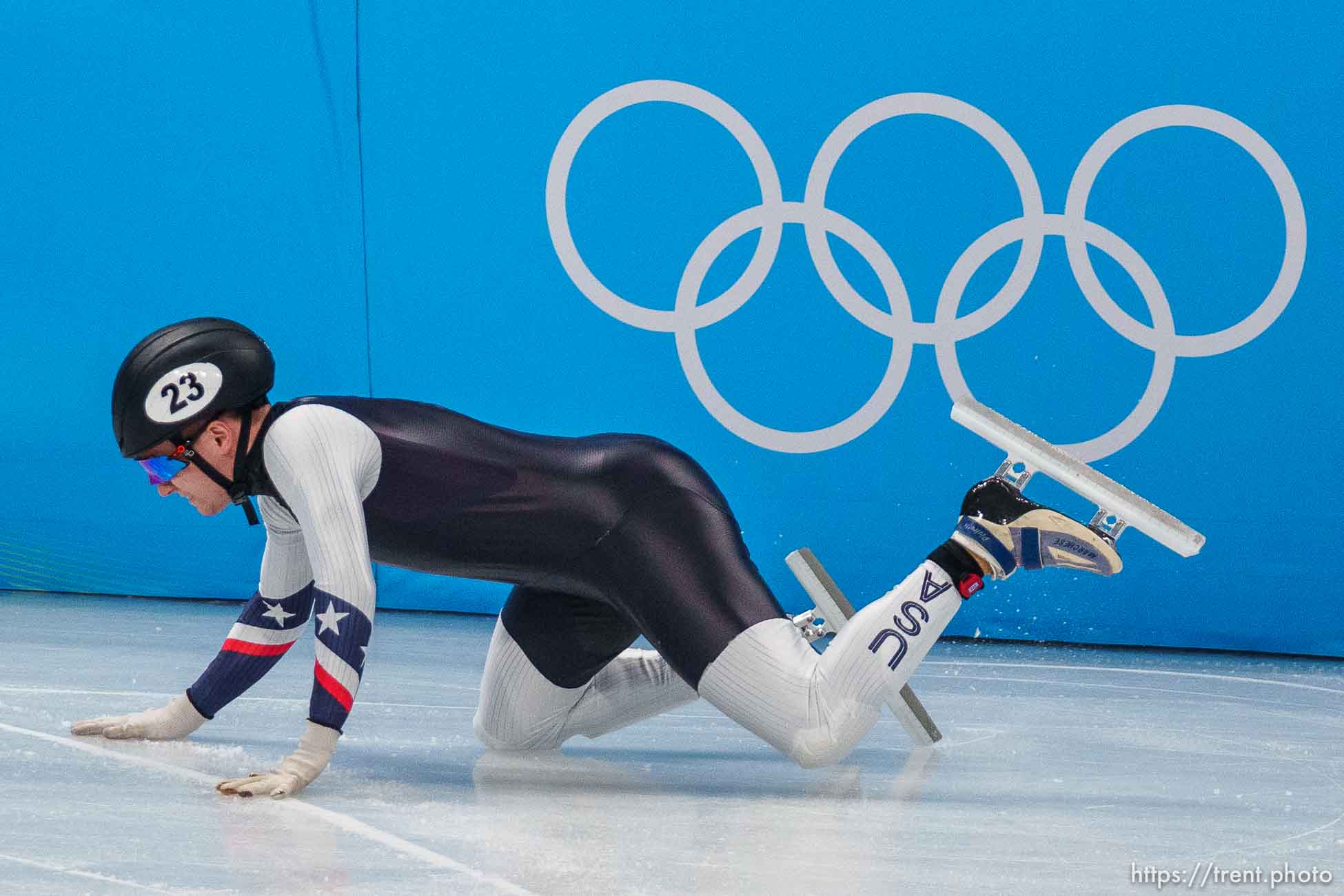 (Trent Nelson  |  The Salt Lake Tribune) Ryan Pivirotto (USA) trips in a 1000m quartfinal, short track speed skating at the 2022 Winter Olympics in Beijing on Monday, Feb. 7, 2022.