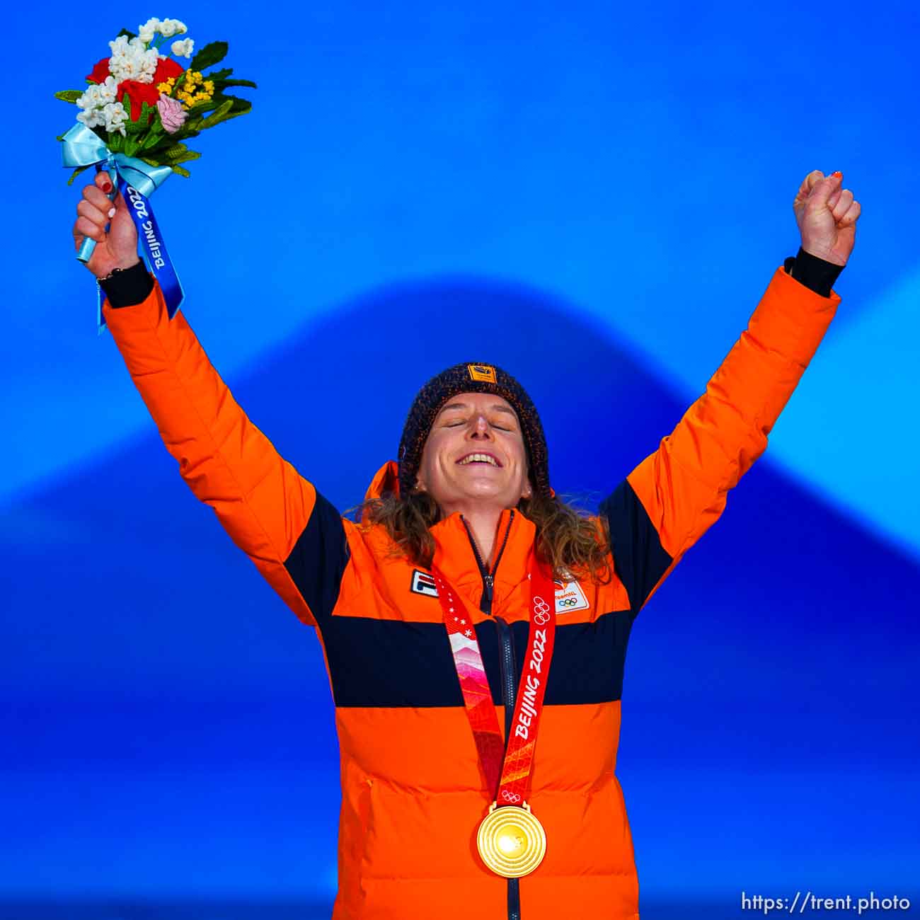 Gold medalist Ireen Wust (NED), women's 1500m speed skating, at the medals plaza, 2022 Beijing Winter Olympics on Tuesday, Feb. 8, 2022.