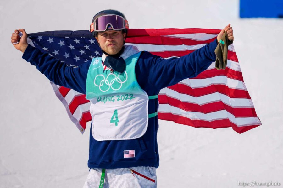 (Trent Nelson  |  The Salt Lake Tribune) Colby Stevenson (USA) celebrates his silver medal win in the big air men's final at the 2022 Winter Olympics in Beijing on Wednesday, Feb. 9, 2022.