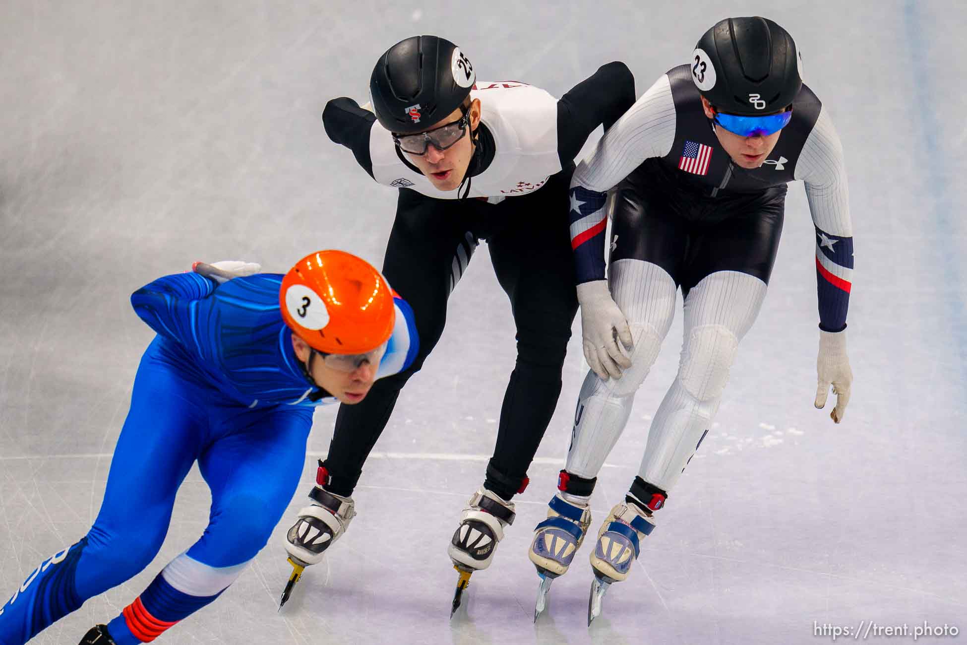 (Trent Nelson  |  The Salt Lake Tribune) Ryan Pivirotto (USA) picks up a penalty after contact with Reinis Berzins (Latvia) while competing in the 1500m quarterfinals, short track speed skating at the 2022 Winter Olympics in Beijing on Wednesday, Feb. 9, 2022.