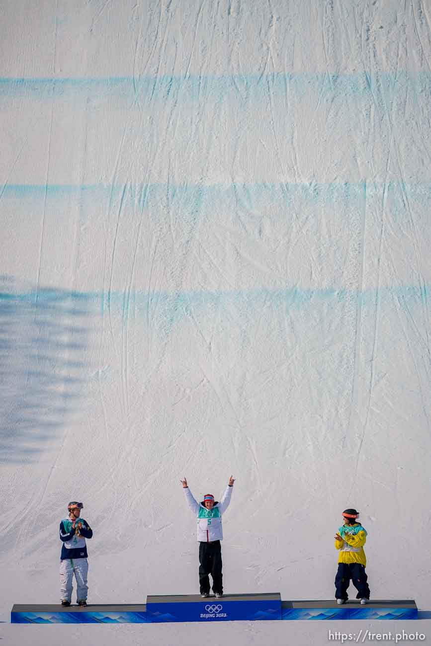 (Trent Nelson  |  The Salt Lake Tribune) The medal winners in the big air men's final at the 2022 Winter Olympics in Beijing on Wednesday, Feb. 9, 2022. Silver medalist Colby Stevenson (USA), gold medalist Birk Ruud (Norway), and bronze medalist Henrik Harlaut (Sweden).