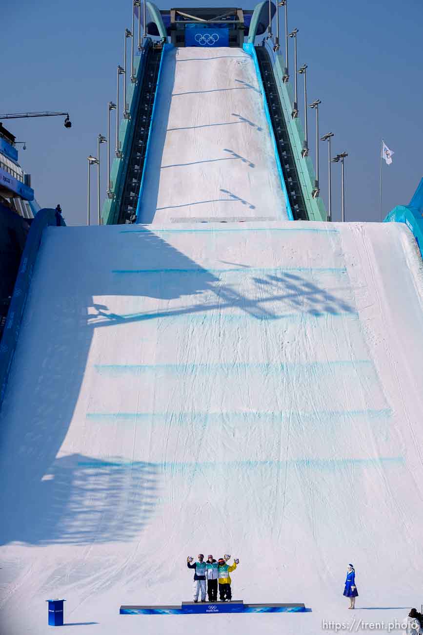 (Trent Nelson  |  The Salt Lake Tribune) The medal winners in the big air men's final at the 2022 Winter Olympics in Beijing on Wednesday, Feb. 9, 2022. Silver medalist Colby Stevenson (USA), gold medalist Birk Ruud (Norway), and bronze medalist Henrik Harlaut (Sweden).