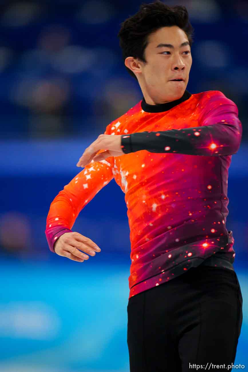 (Trent Nelson  |  The Salt Lake Tribune) Nathan Chen warms up before competing in the free skating program, figure skating at the Capital Indoor Stadium, 2022 Beijing Winter Olympics on Thursday, Feb. 10, 2022.