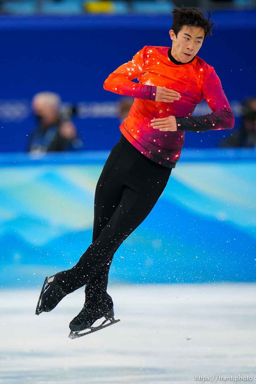 (Trent Nelson  |  The Salt Lake Tribune) Nathan Chen warms up before competing in the free skating program, figure skating at the Capital Indoor Stadium, 2022 Beijing Winter Olympics on Thursday, Feb. 10, 2022.