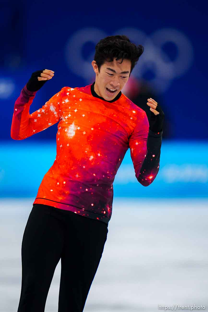 (Trent Nelson  |  The Salt Lake Tribune) Winning the gold medal, Nathan Chen competes in the free skating program, figure skating at the Capital Indoor Stadium, 2022 Beijing Winter Olympics on Thursday, Feb. 10, 2022.