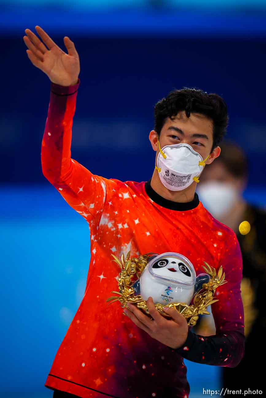 (Trent Nelson  |  The Salt Lake Tribune) Nathan Chen celebrates his gold medal in the free skating program, figure skating at the Capital Indoor Stadium, 2022 Beijing Winter Olympics on Thursday, Feb. 10, 2022.