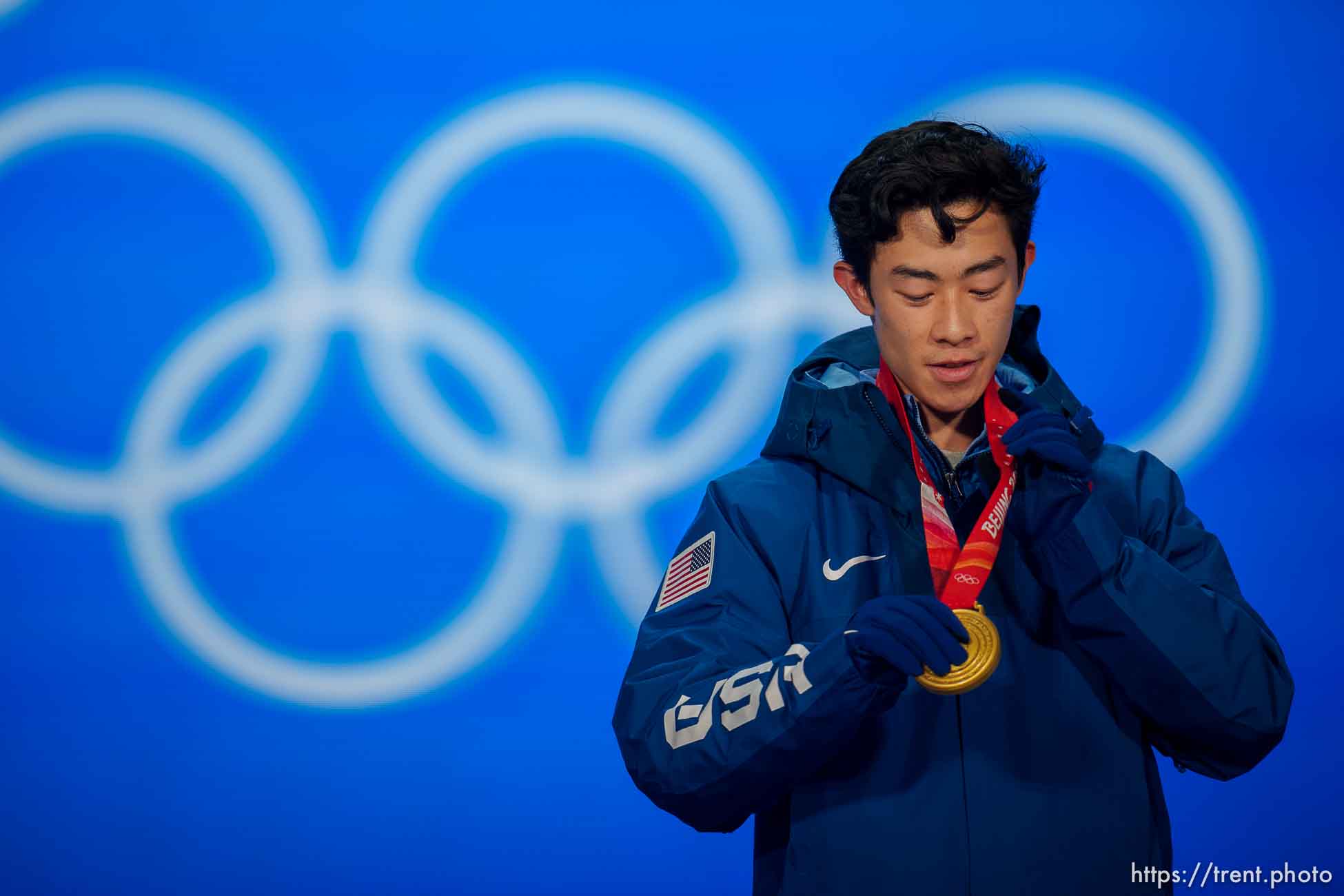 (Trent Nelson  |  The Salt Lake Tribune) Nathan Chen receives his gold medal for men single figure skating at the Beijing Medals Plaza during the 2022 Winter Olympics on Thursday, Feb. 10, 2022.