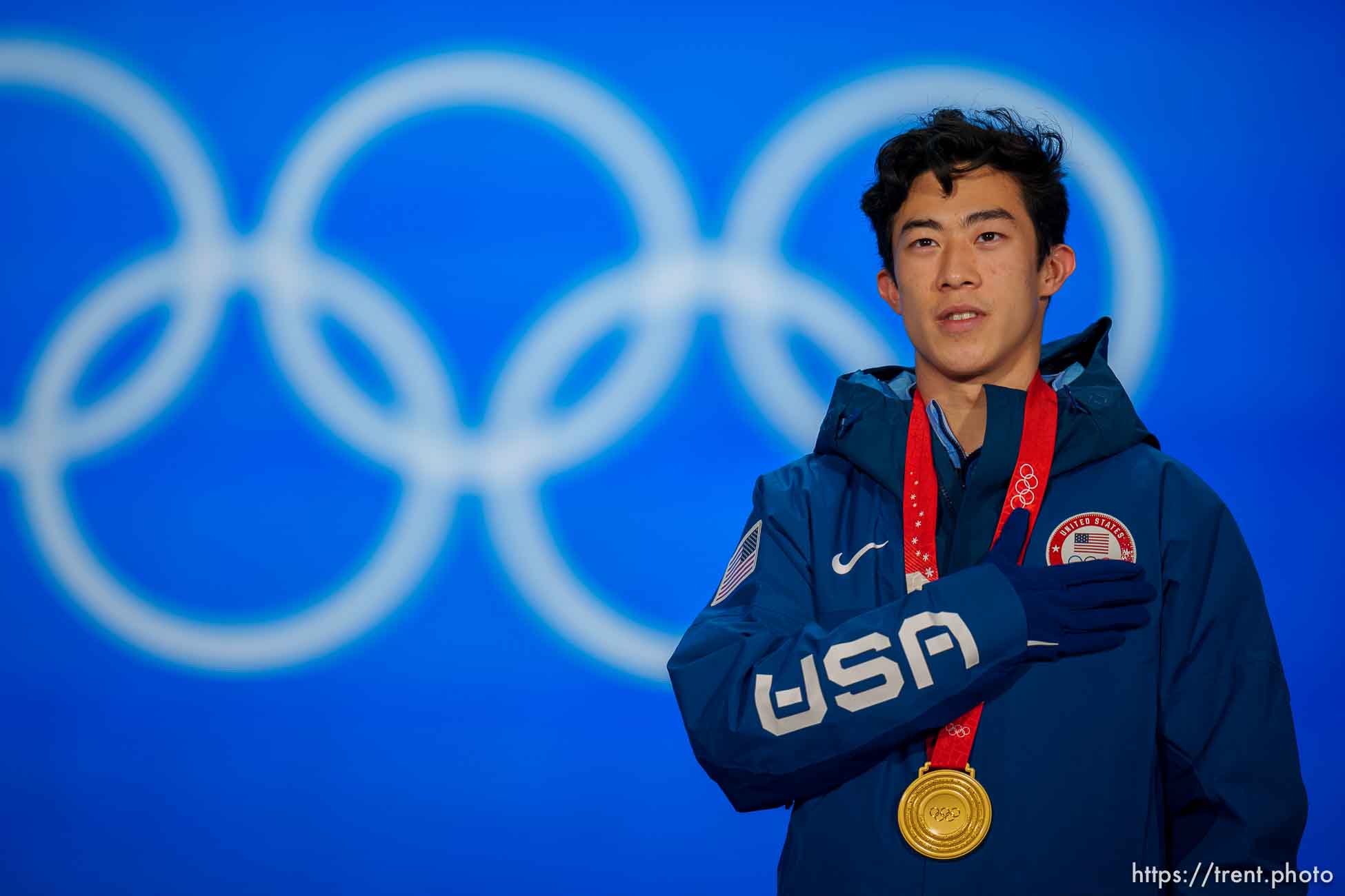 (Trent Nelson  |  The Salt Lake Tribune) Nathan Chen receives his gold medal for men single figure skating at the Beijing Medals Plaza during the 2022 Winter Olympics on Thursday, Feb. 10, 2022.