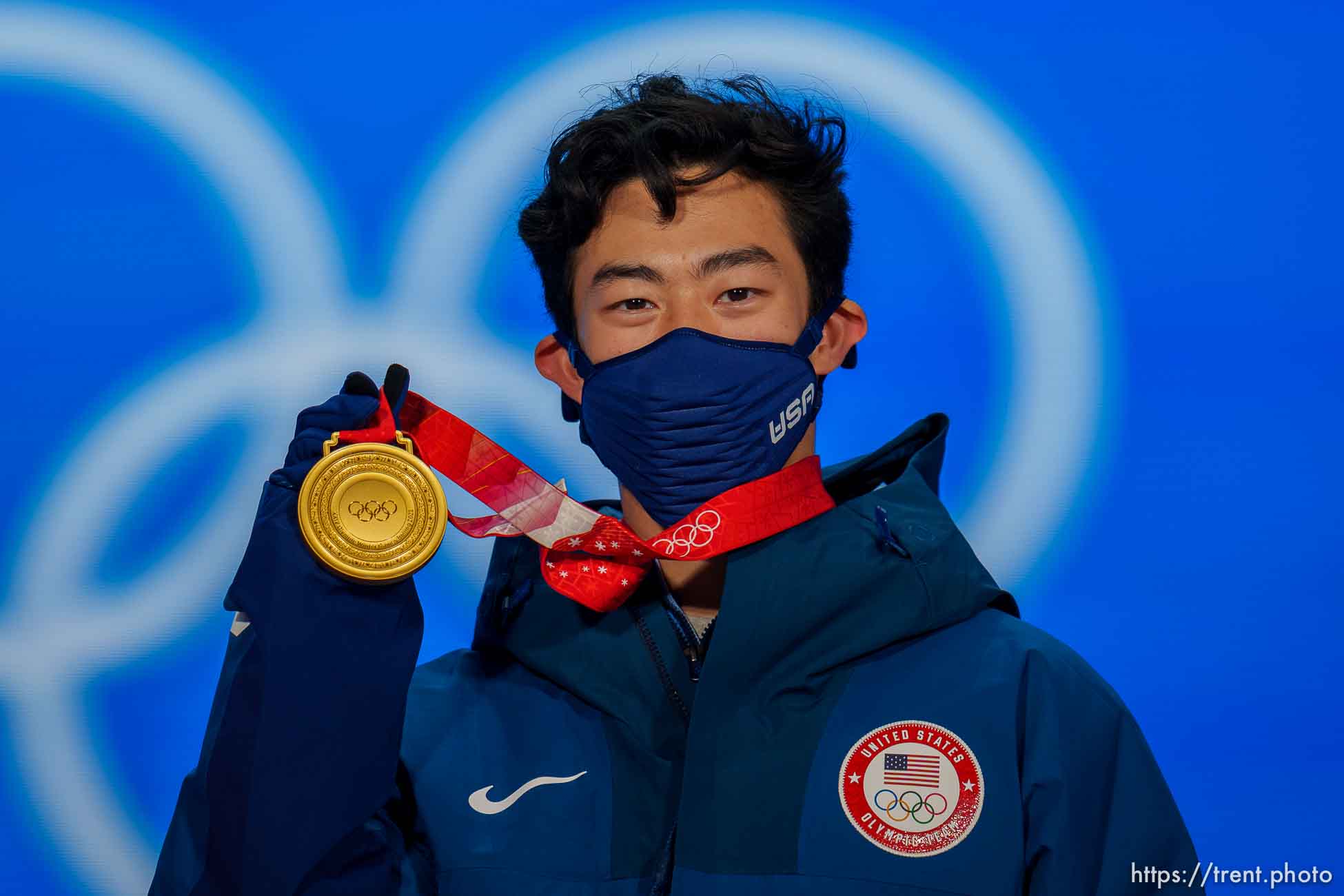 (Trent Nelson  |  The Salt Lake Tribune) Nathan Chen receives his gold medal for men single figure skating at the Beijing Medals Plaza during the 2022 Winter Olympics on Thursday, Feb. 10, 2022.