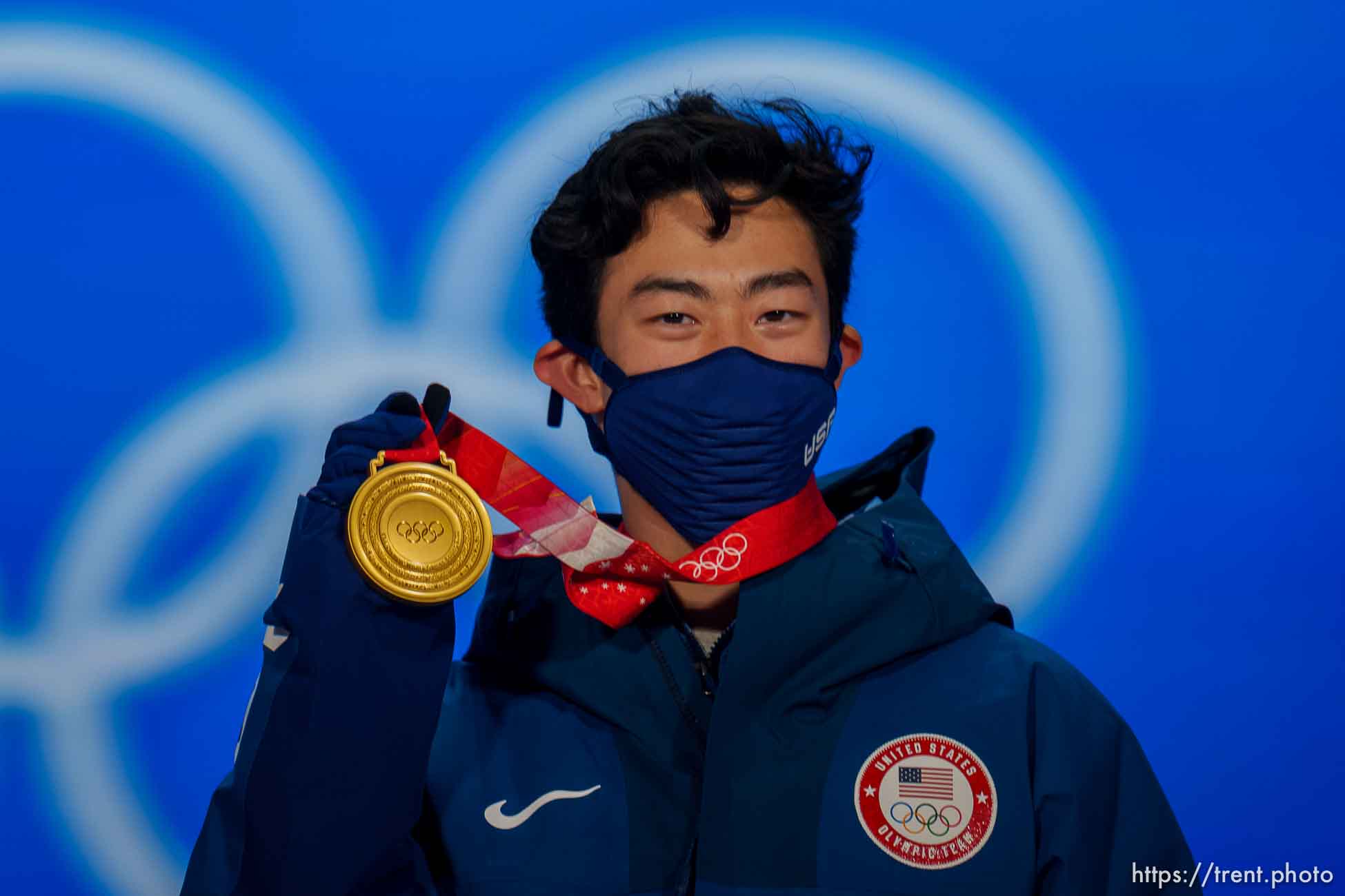 (Trent Nelson  |  The Salt Lake Tribune) Nathan Chen receives his gold medal for men single figure skating at the Beijing Medals Plaza during the 2022 Winter Olympics on Thursday, Feb. 10, 2022.