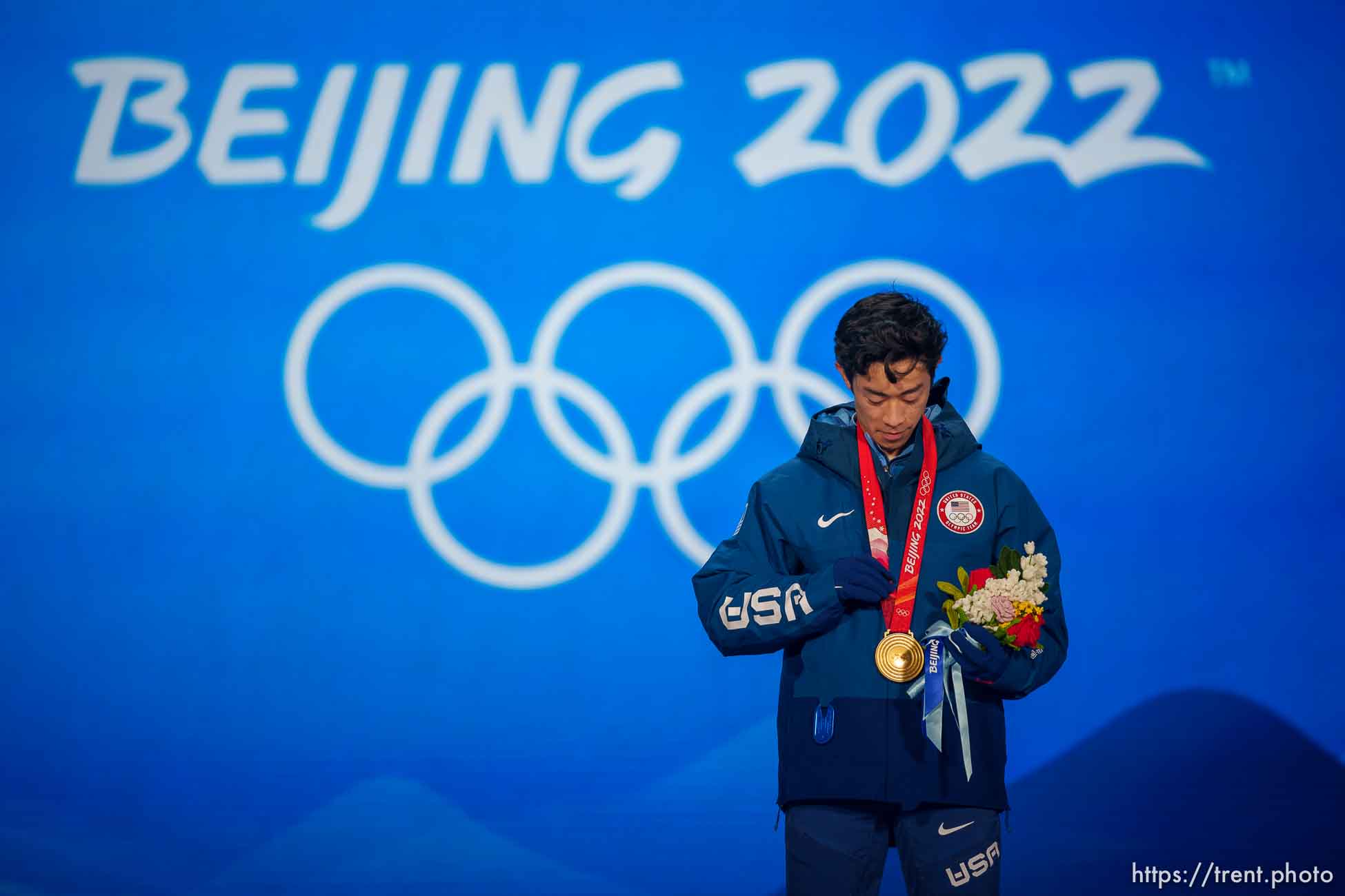 (Trent Nelson  |  The Salt Lake Tribune) Nathan Chen receives his gold medal for men single figure skating at the Beijing Medals Plaza during the 2022 Winter Olympics on Thursday, Feb. 10, 2022.