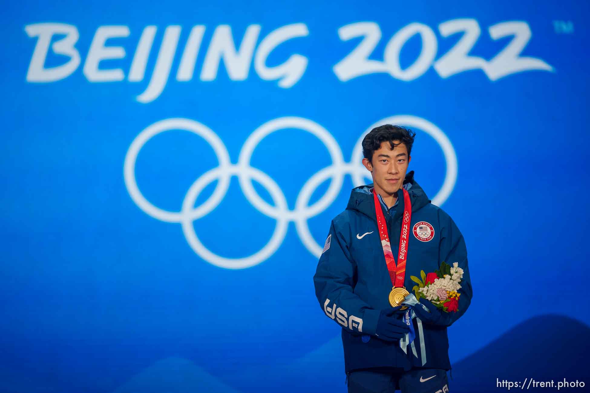 (Trent Nelson  |  The Salt Lake Tribune) Nathan Chen receives his gold medal for men single figure skating at the Beijing Medals Plaza during the 2022 Winter Olympics on Thursday, Feb. 10, 2022.