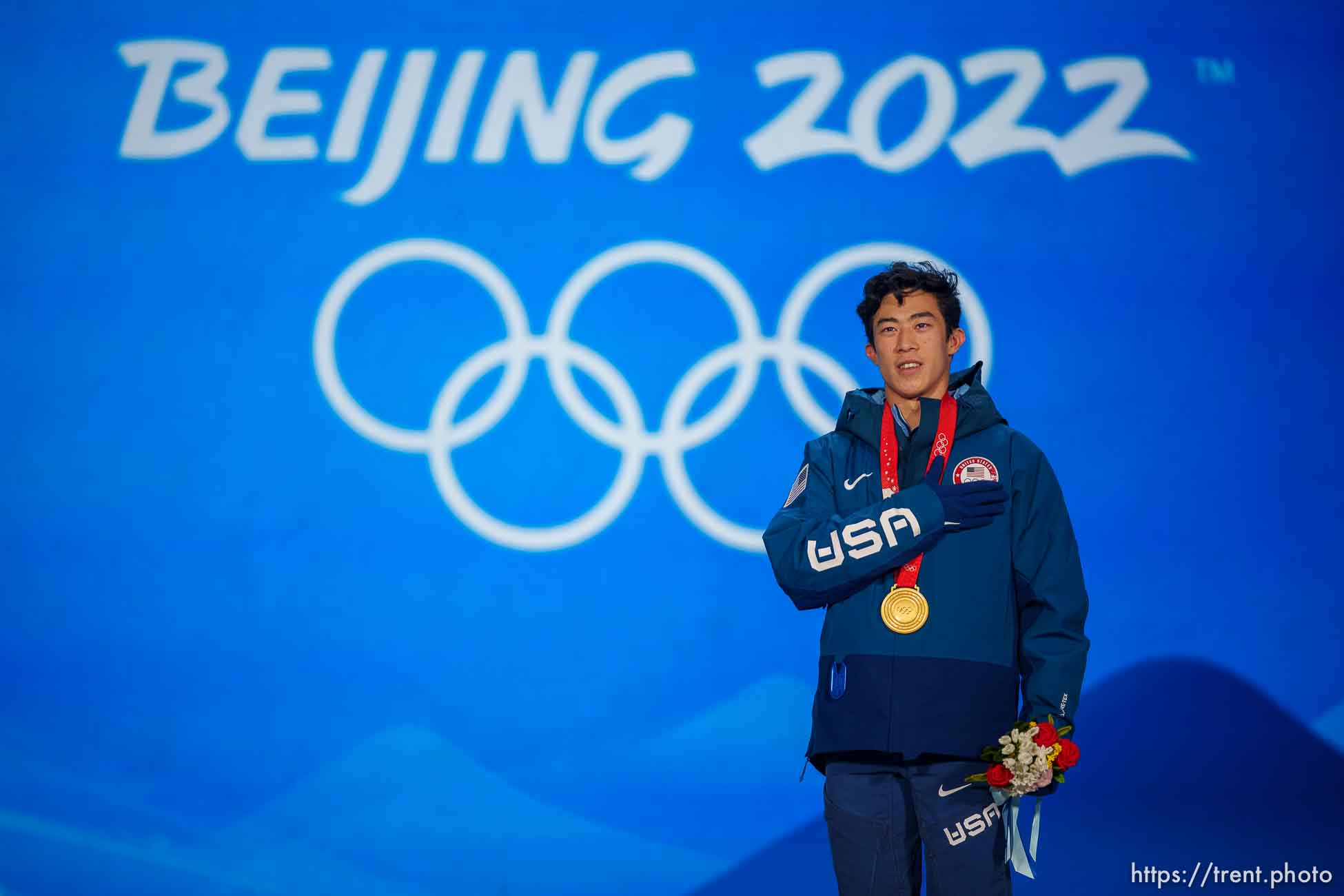 (Trent Nelson  |  The Salt Lake Tribune) Nathan Chen receives his gold medal for men single figure skating at the Beijing Medals Plaza during the 2022 Winter Olympics on Thursday, Feb. 10, 2022.