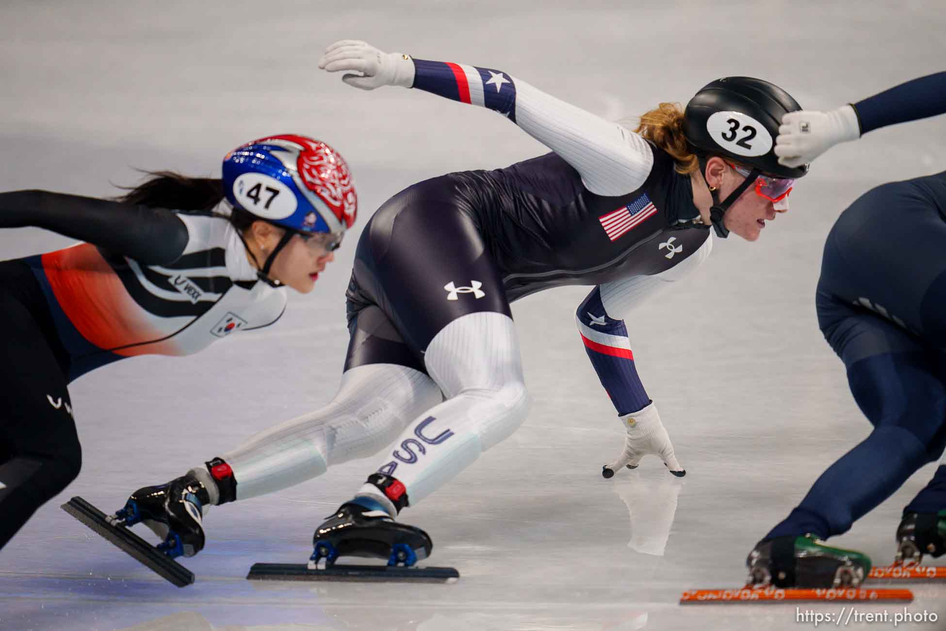 (Trent Nelson  |  The Salt Lake Tribune) Corinne Stoddard (USA) competes in the 1000m, short track speed skating at the 2022 Winter Olympics in Beijing on Friday, Feb. 11, 2022.