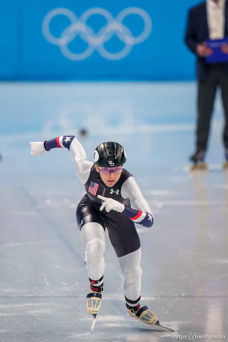 (Trent Nelson  |  The Salt Lake Tribune) Kristen Santos (USA) competes in the 1000m, short track speed skating at the 2022 Winter Olympics in Beijing on Friday, Feb. 11, 2022.