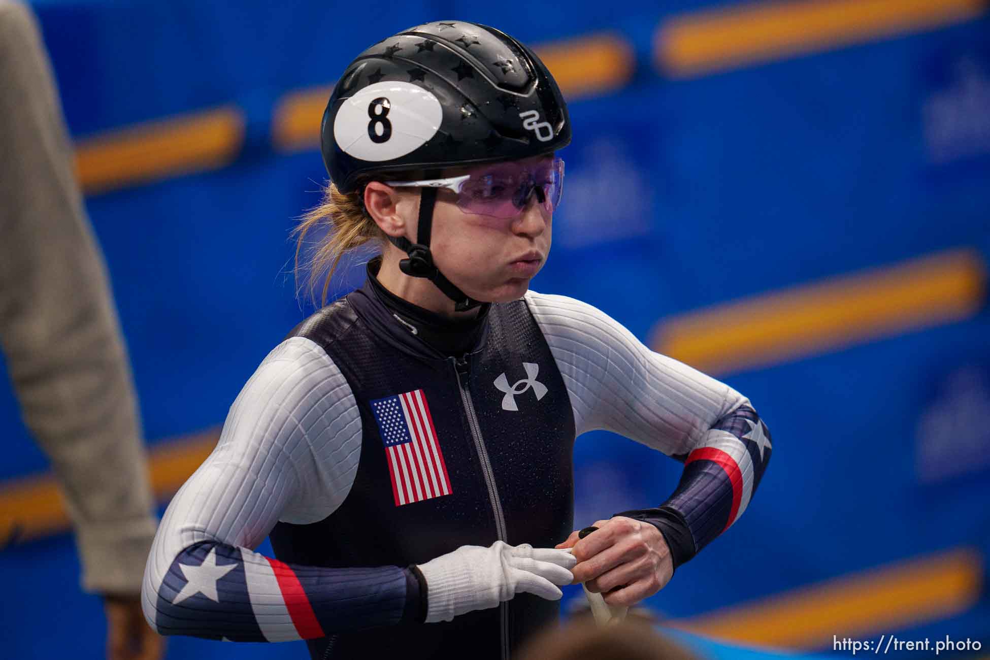 (Trent Nelson  |  The Salt Lake Tribune) Kristen Santos (USA) after placing fourth in the 1000m final, short track speed skating at the 2022 Winter Olympics in Beijing on Friday, Feb. 11, 2022.