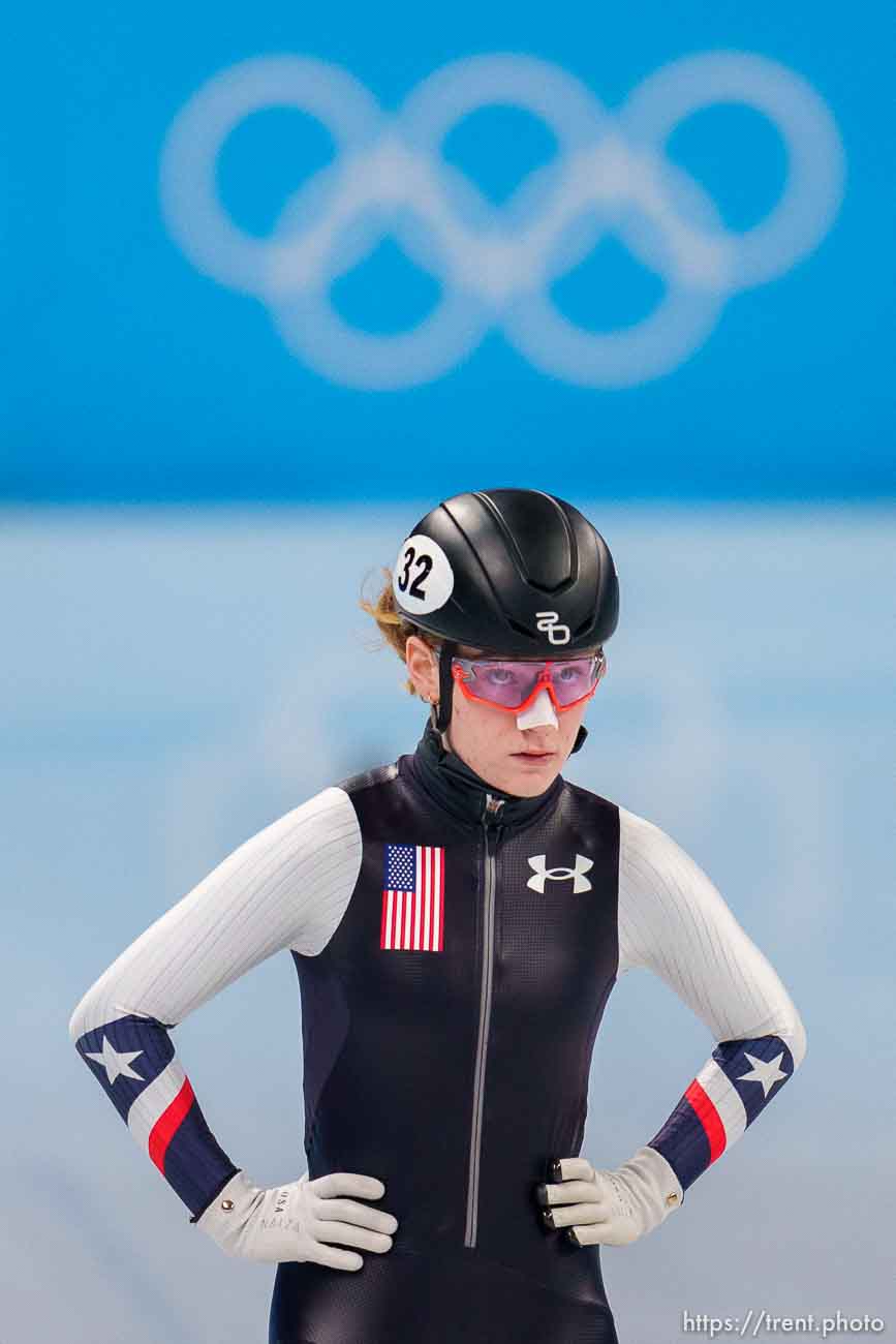 (Trent Nelson  |  The Salt Lake Tribune) Corinne Stoddard (USA) competes in the 1000m, short track speed skating at the 2022 Winter Olympics in Beijing on Friday, Feb. 11, 2022.