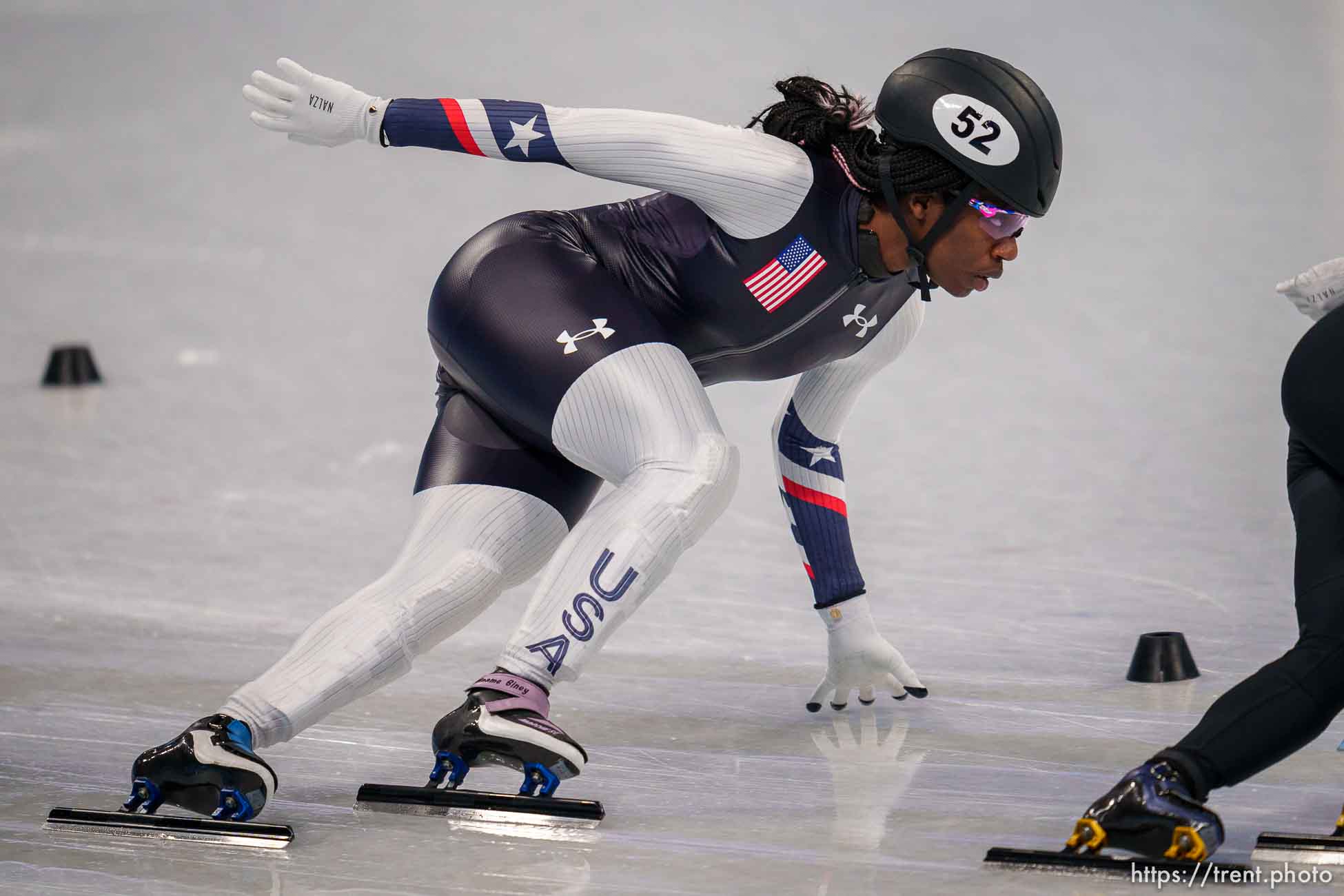 (Trent Nelson  |  The Salt Lake Tribune) Maame Biney (USA) competes in the 1000m, short track speed skating at the 2022 Winter Olympics in Beijing on Friday, Feb. 11, 2022.