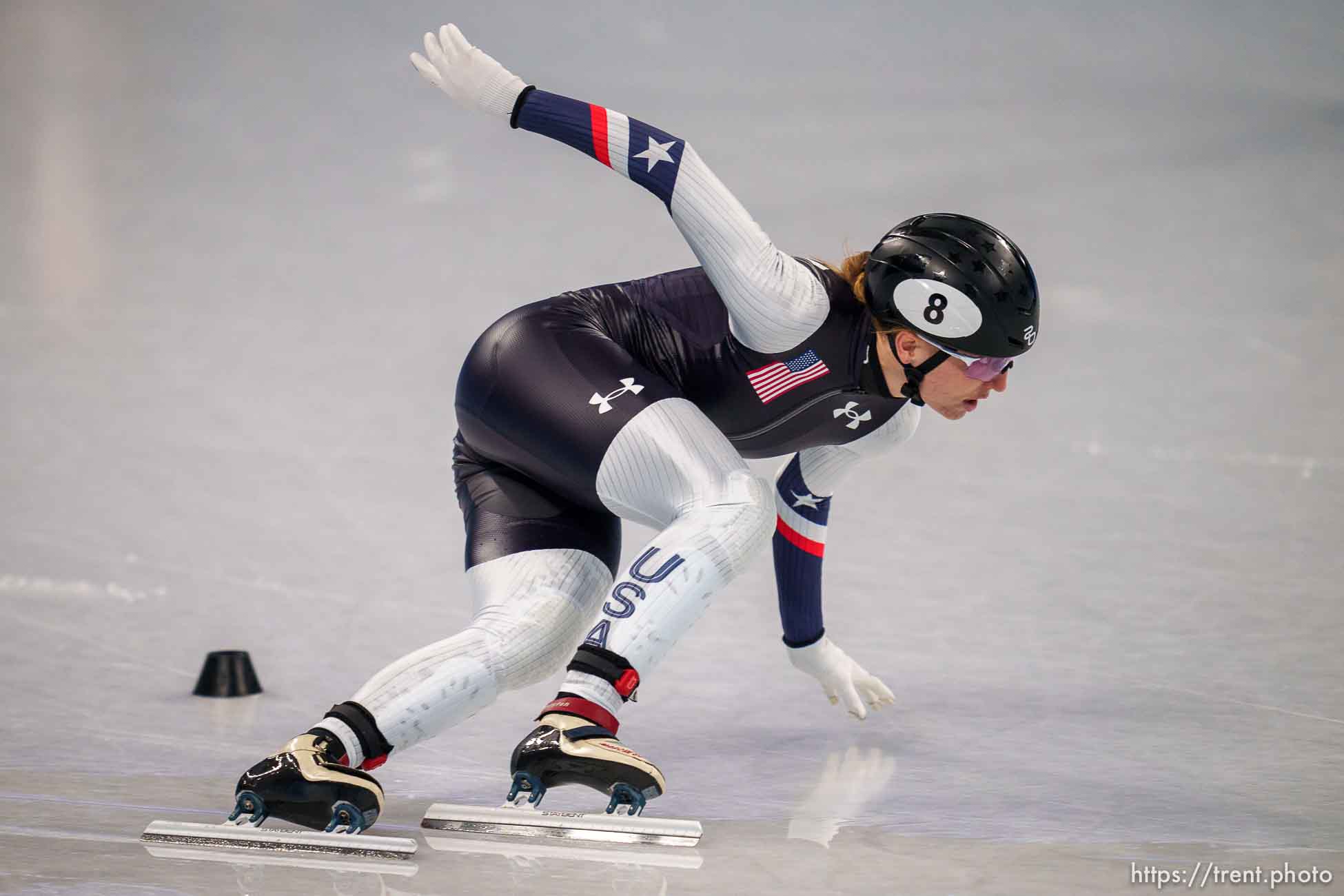 (Trent Nelson  |  The Salt Lake Tribune) Kristen Santos (USA) competes in the 1000m, short track speed skating at the 2022 Winter Olympics in Beijing on Friday, Feb. 11, 2022.