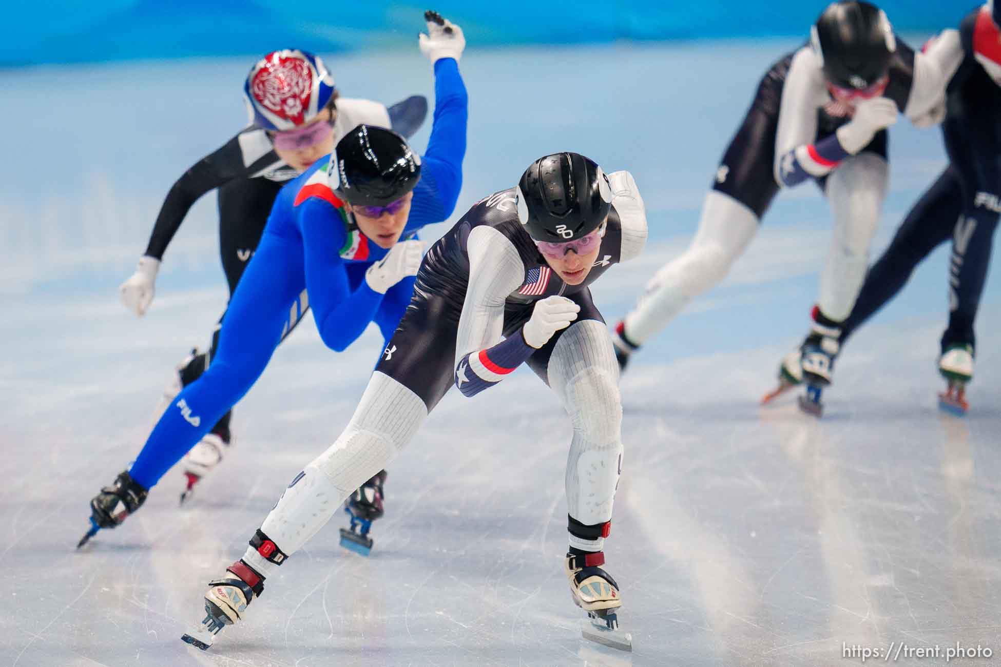 (Trent Nelson  |  The Salt Lake Tribune) Kristen Santos (USA) competes in the 1000m, short track speed skating at the 2022 Winter Olympics in Beijing on Friday, Feb. 11, 2022.